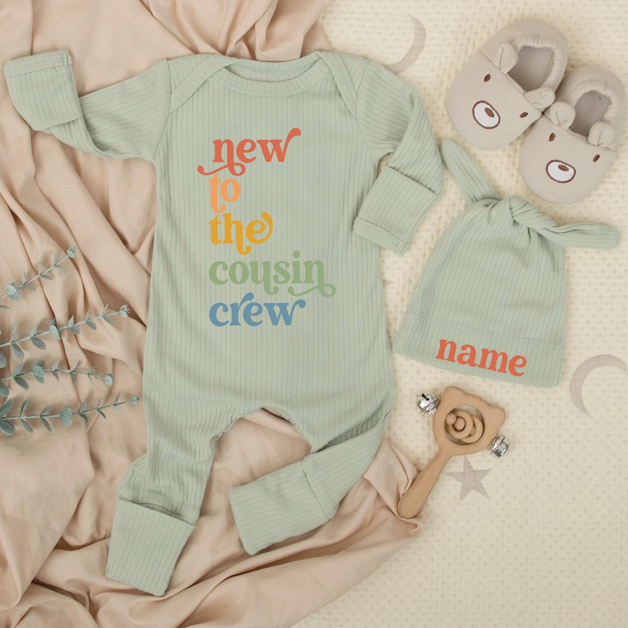 New to the Cousin Crew Baby Bodysuit and Hat Set Personalized with Name Retro Design Soft Cotton Newborn Outfit Baby Shower Gift