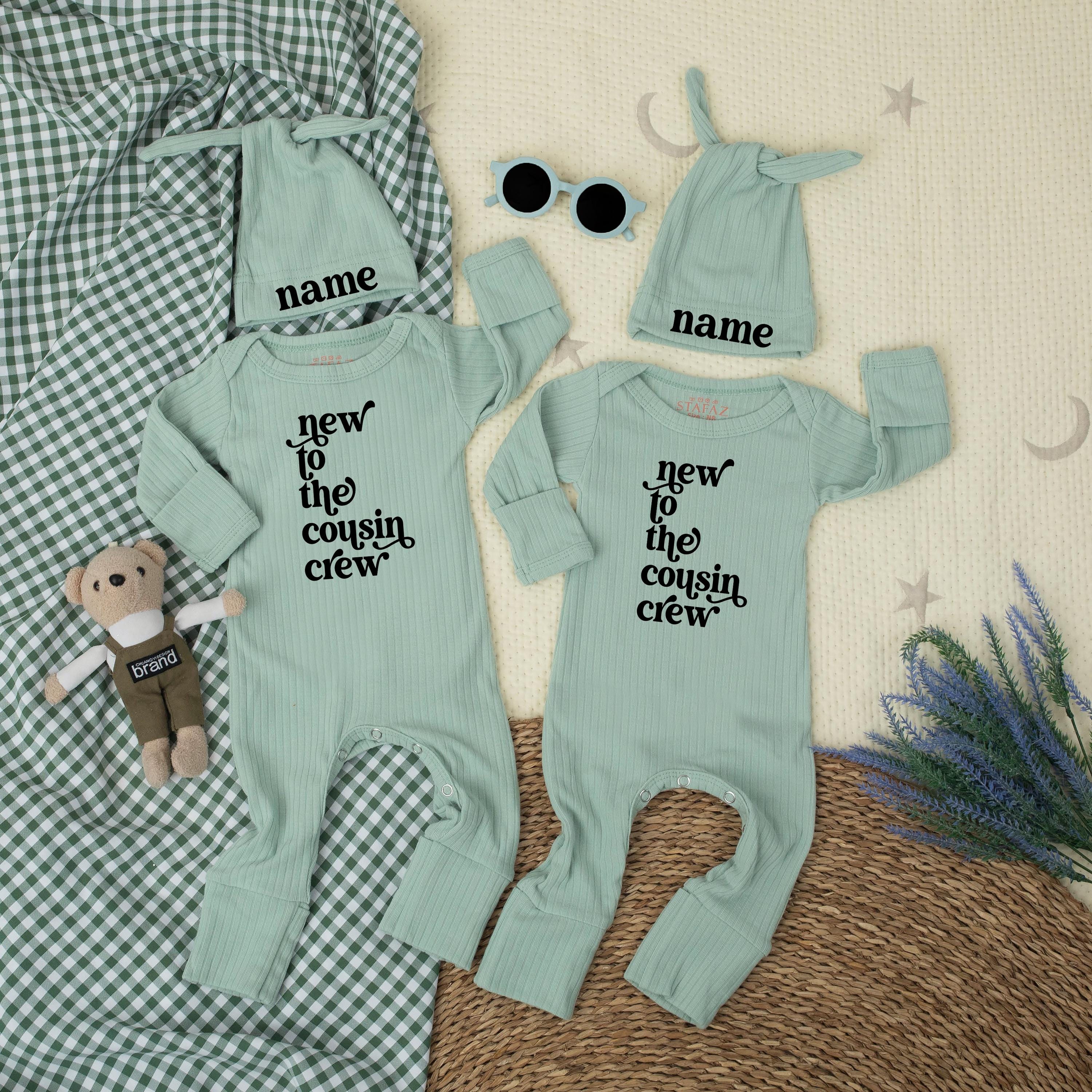 New to the Cousin Crew Baby Romper with Custom Name Hat Set Trendy Minimalist Newborn Outfit Gift Cotton Neutral Design Family Clothes