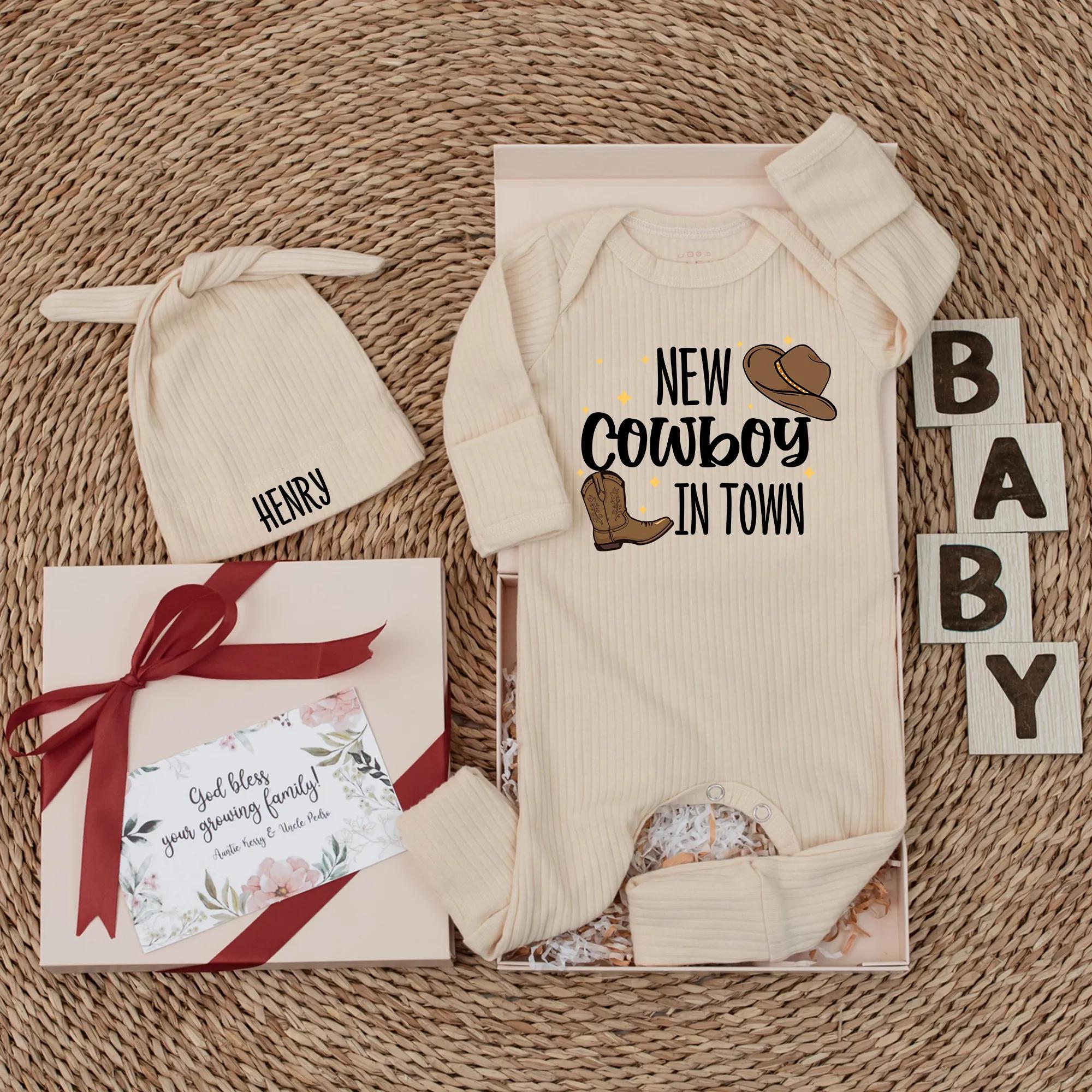 New Cowboy in Town Baby Bodysuit Personalized Western Outfit Adorable Rodeo Clothes with Hat and Boots Design for Baby Boy Gift