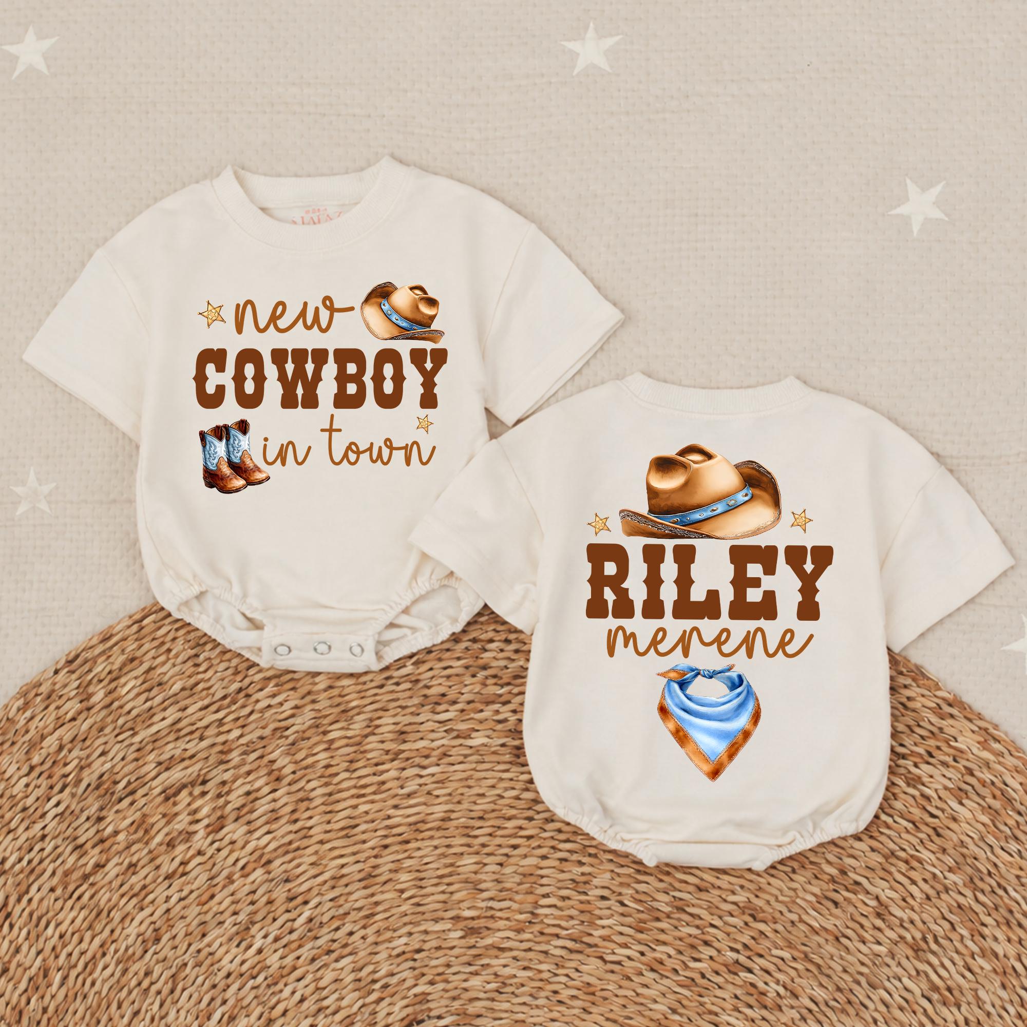 New Cowboy in Town Baby Bubble Romper with Western Hat & Boots Artwork, Custom Name Infant Outfit for Photos & Baby Shower Gift