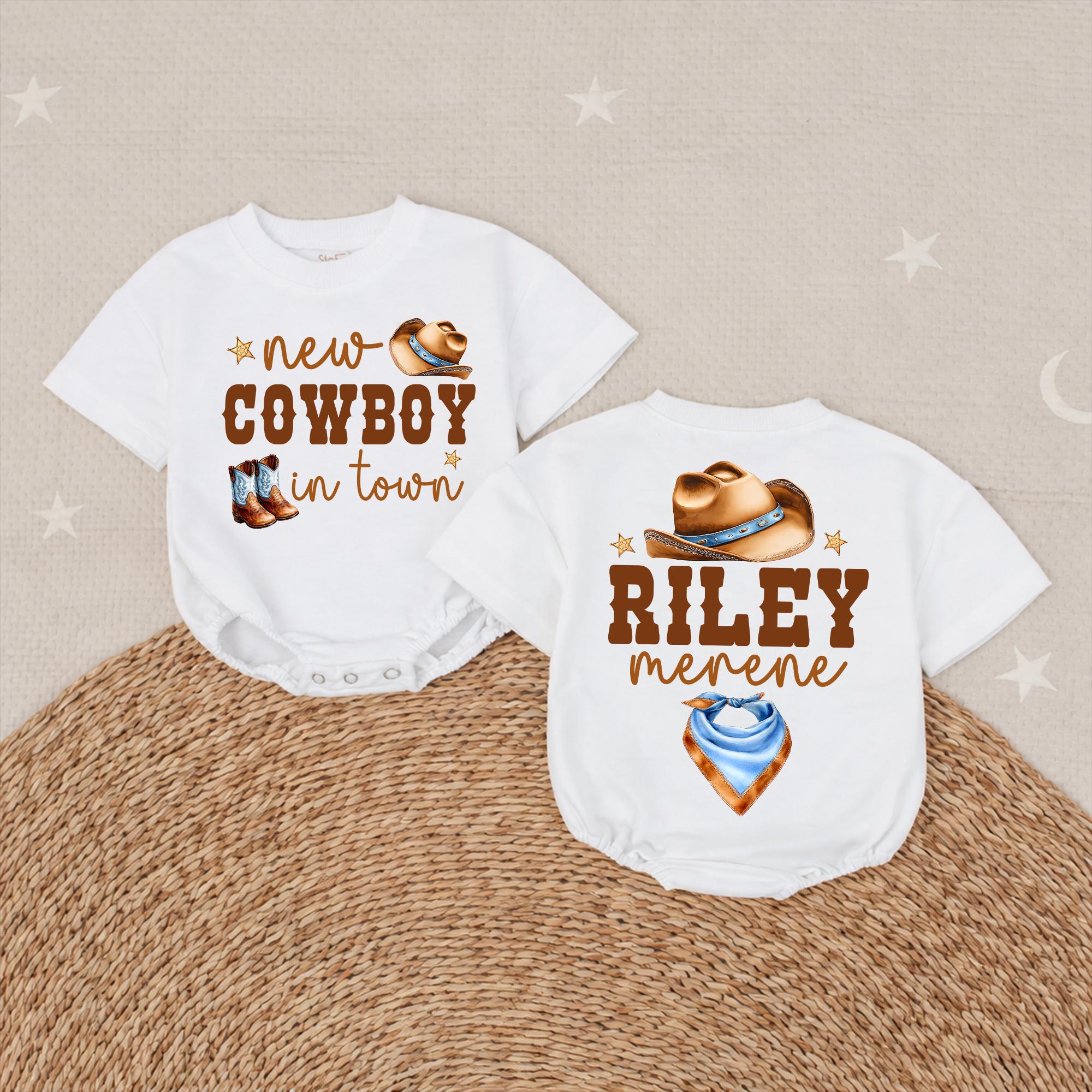 New Cowboy in Town Baby Bubble Romper with Western Hat & Boots Artwork, Custom Name Infant Outfit for Photos & Baby Shower Gift