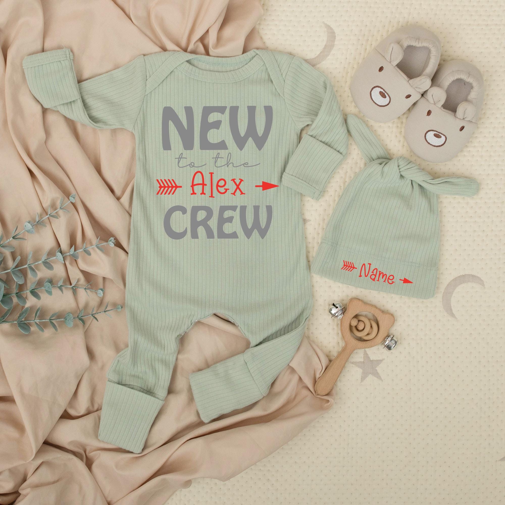 New to the Crew Baby Bodysuit with Custom Name and Matching Hat, Adorable Baby Shower Gift, Minimalist Newborn Coming Home Outfit