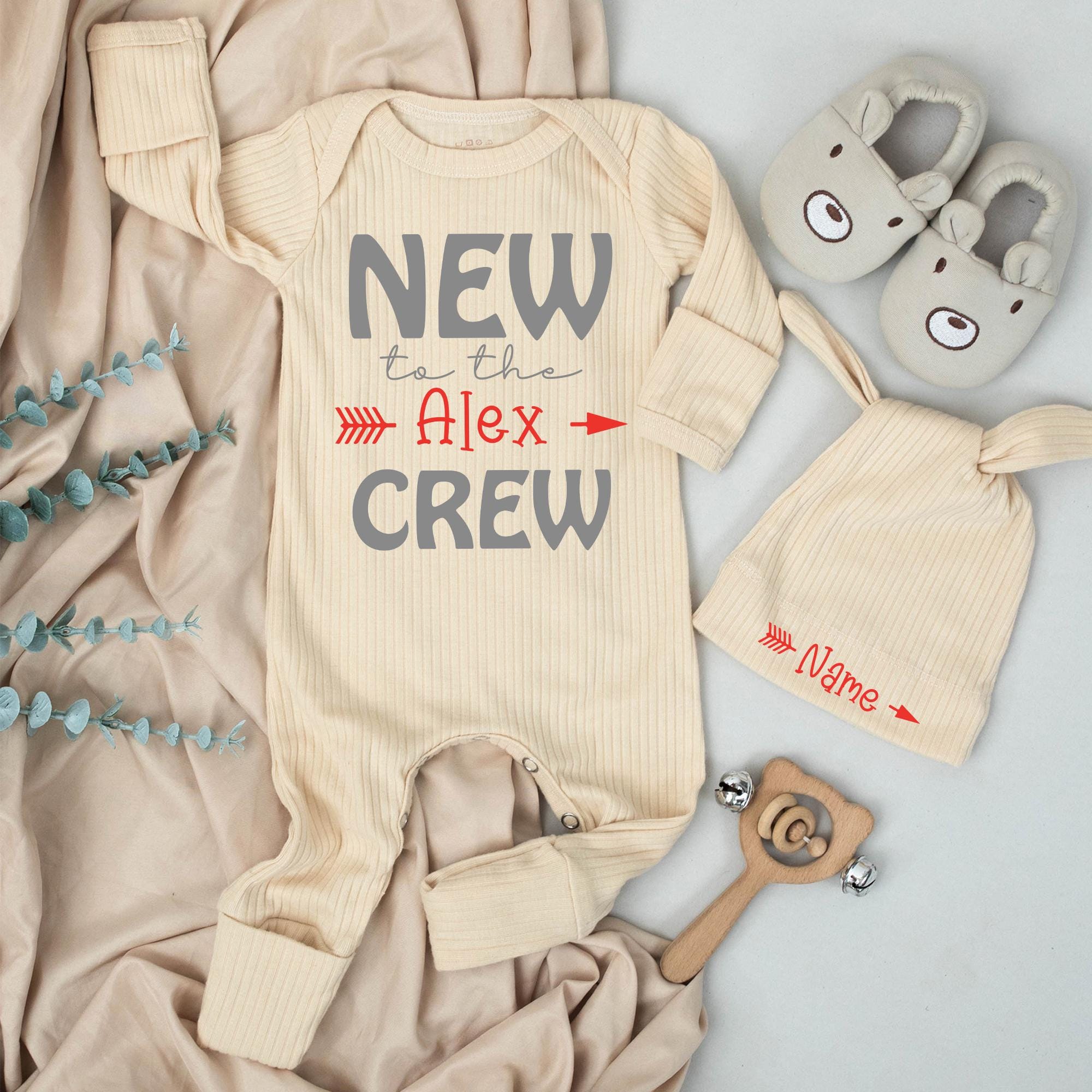 New to the Crew Baby Bodysuit with Custom Name and Matching Hat, Adorable Baby Shower Gift, Minimalist Newborn Coming Home Outfit