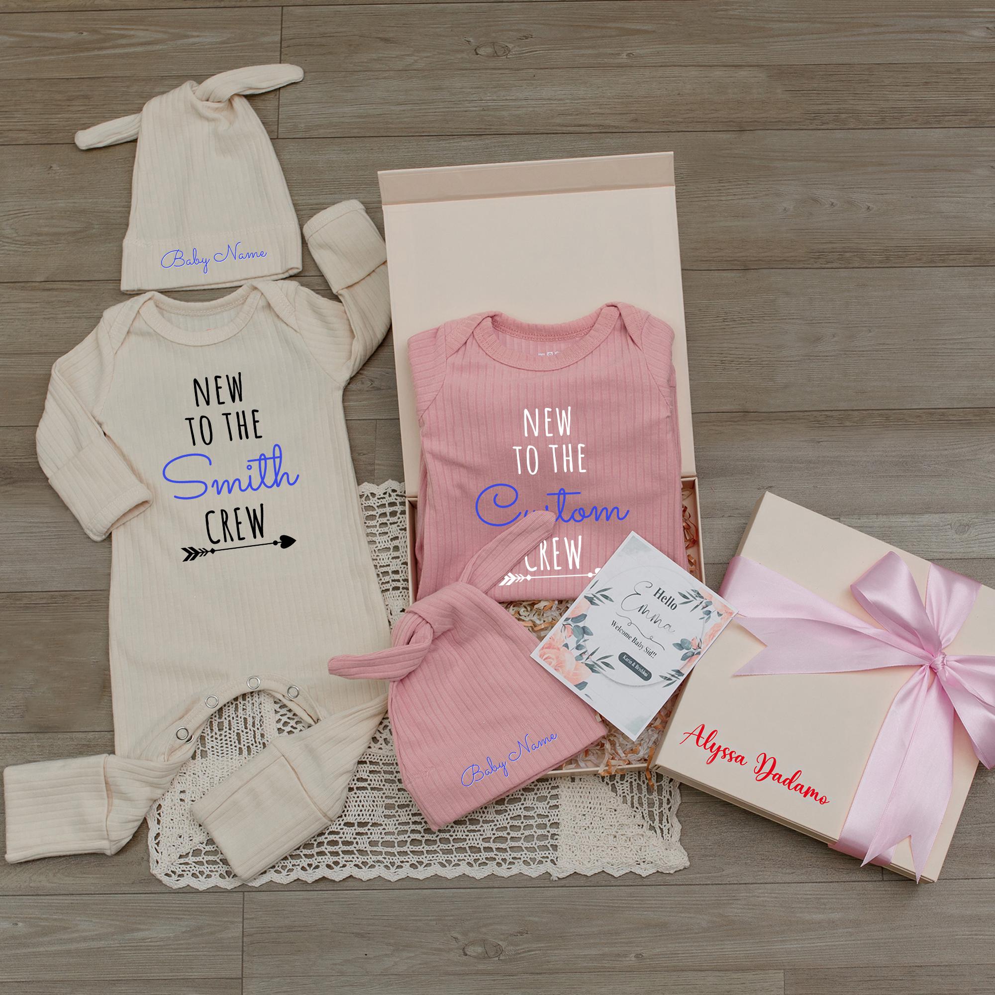 New to the Crew Baby Bodysuit and Hat Set with Custom Name, Neutral Beige and Pink Outfits for Newborns, Baby Shower Gift Idea