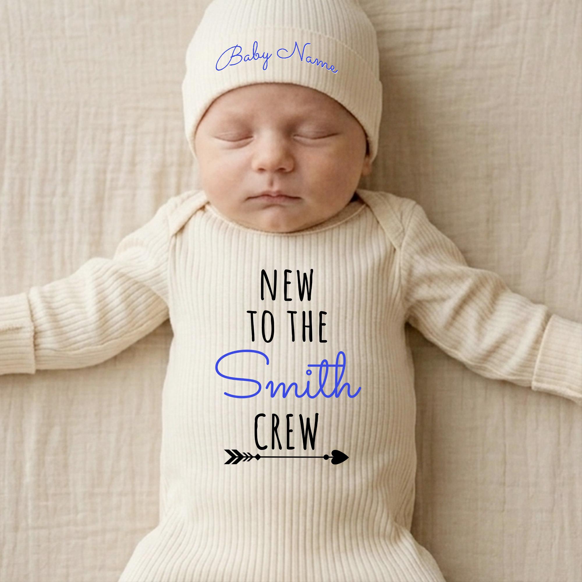 New to the Crew Baby Bodysuit and Hat Set with Custom Name, Neutral Beige and Pink Outfits for Newborns, Baby Shower Gift Idea