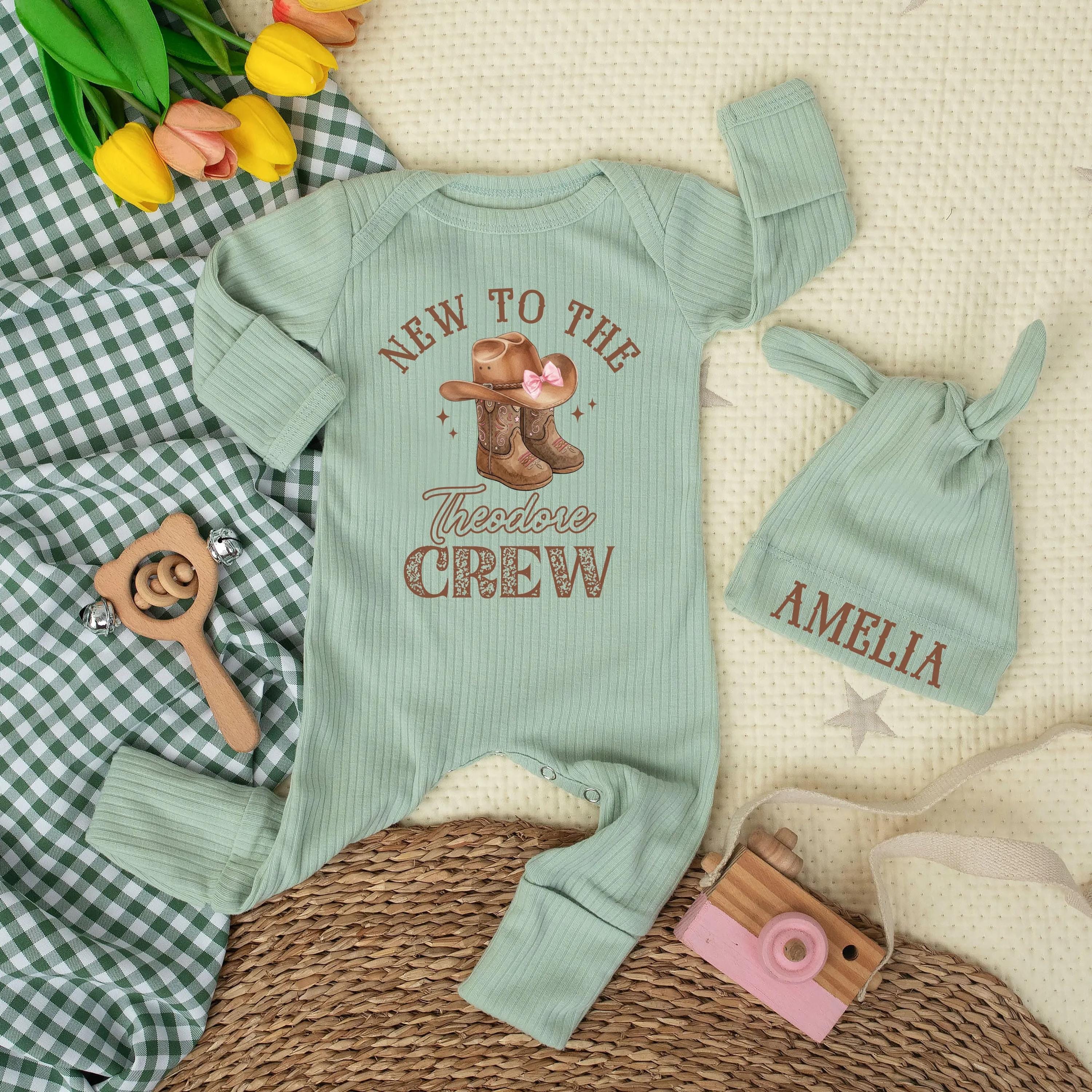 New to the Crew Cowboy Baby Bodysuit with Custom Name Hat, Western Newborn Coming Home Outfit, Baby Shower Gift Set