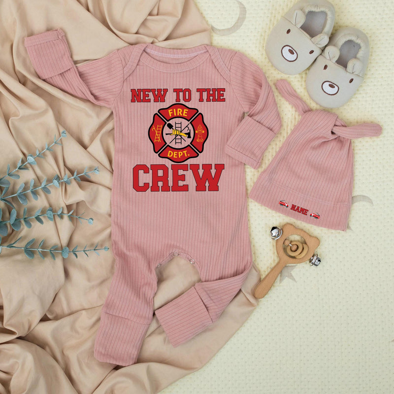 New to the Crew Firefighter Baby Bodysuit and Hat Set Personalized with Name Cute Red and Gold Infant Clothes Perfect Gift for Dad