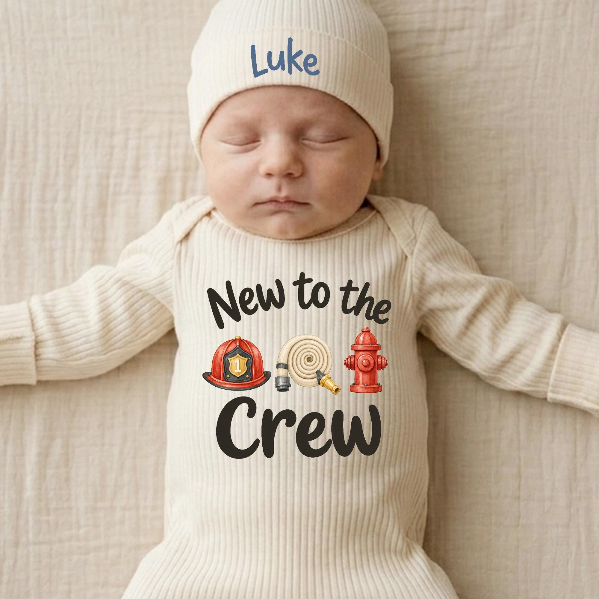 New to the Crew Firefighter Baby Bodysuit with Matching Custom Name Hat, Newborn Coming Home Outfit for Boys or Girls