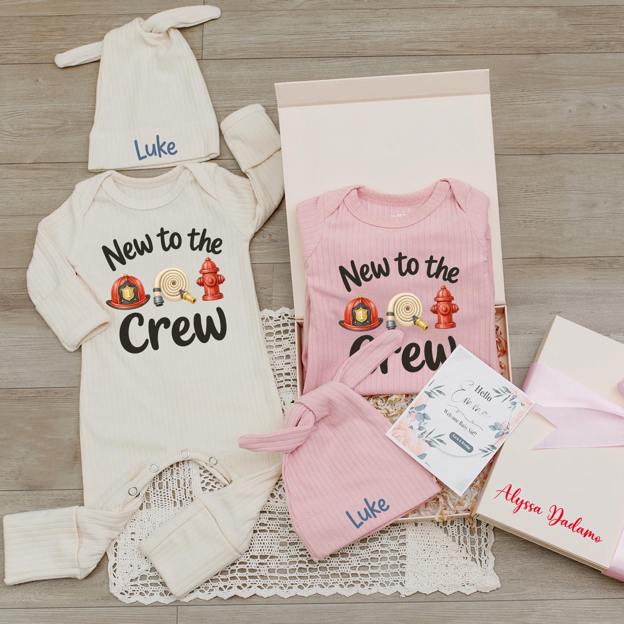 New to the Crew Firefighter Baby Bodysuit with Matching Custom Name Hat, Newborn Coming Home Outfit for Boys or Girls