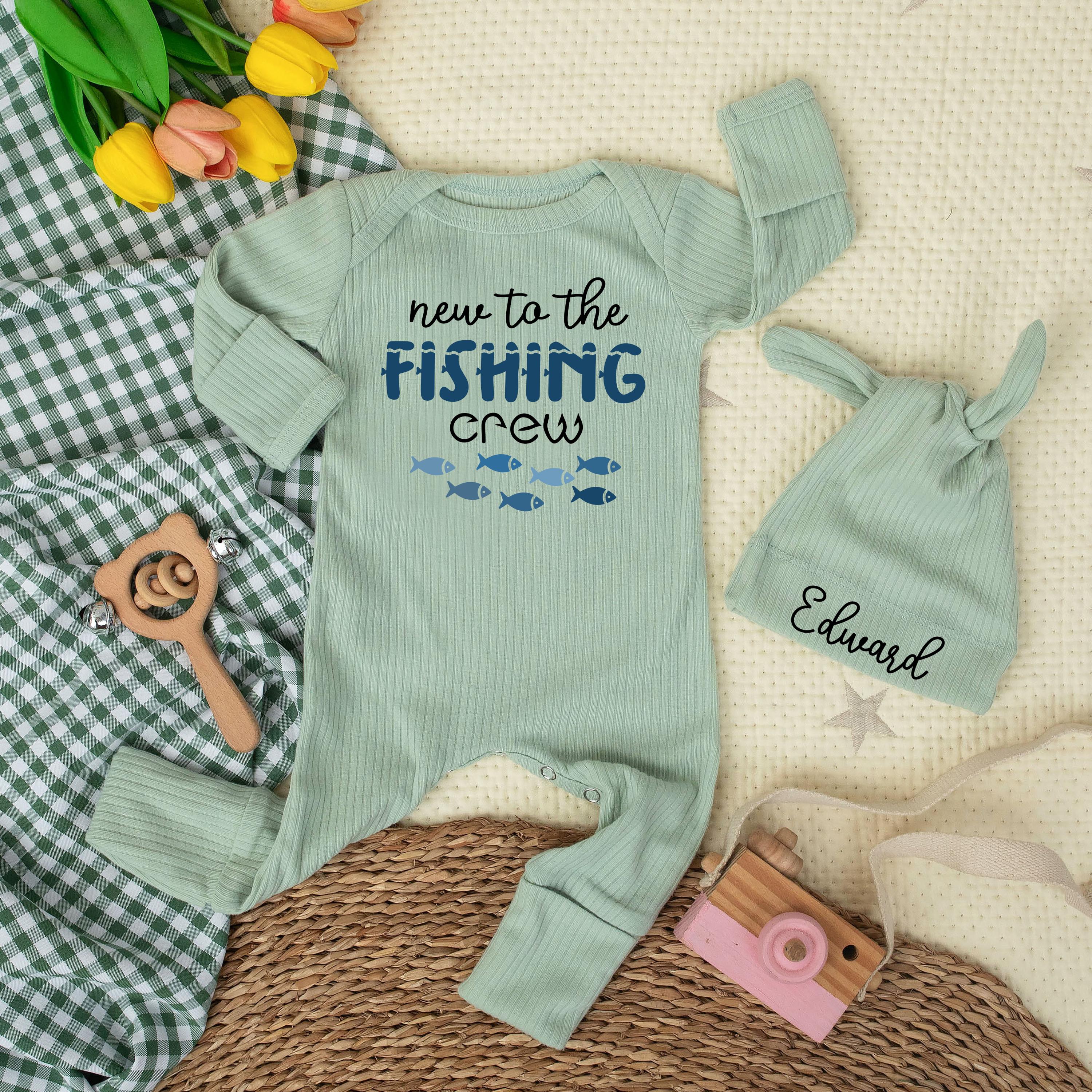 New to the Fishing Crew Baby Romper with Fish Graphic and Custom Name Hat, Adorable Newborn Outfit for Baby Shower Gift