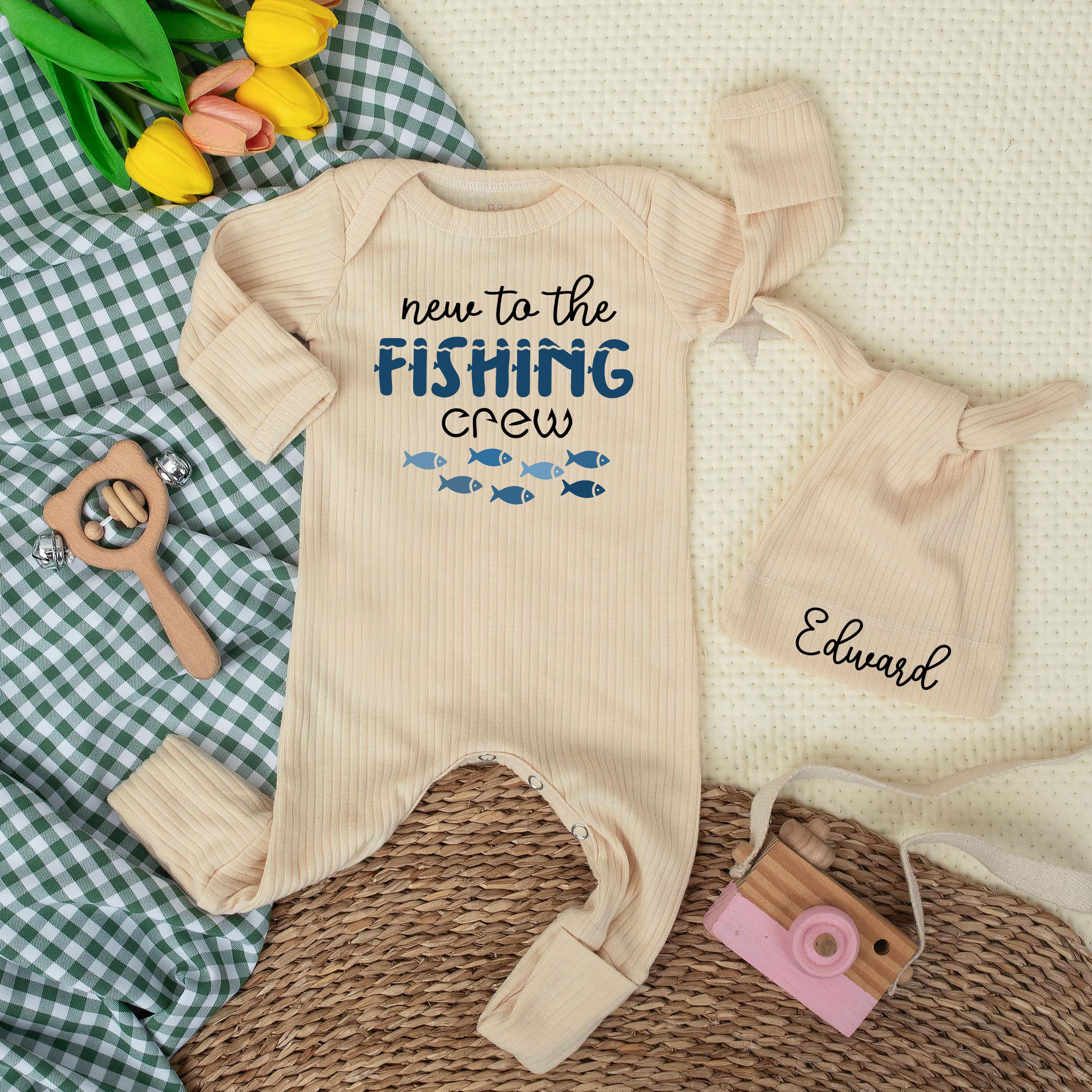 New to the Fishing Crew Baby Romper with Fish Graphic and Custom Name Hat, Adorable Newborn Outfit for Baby Shower Gift