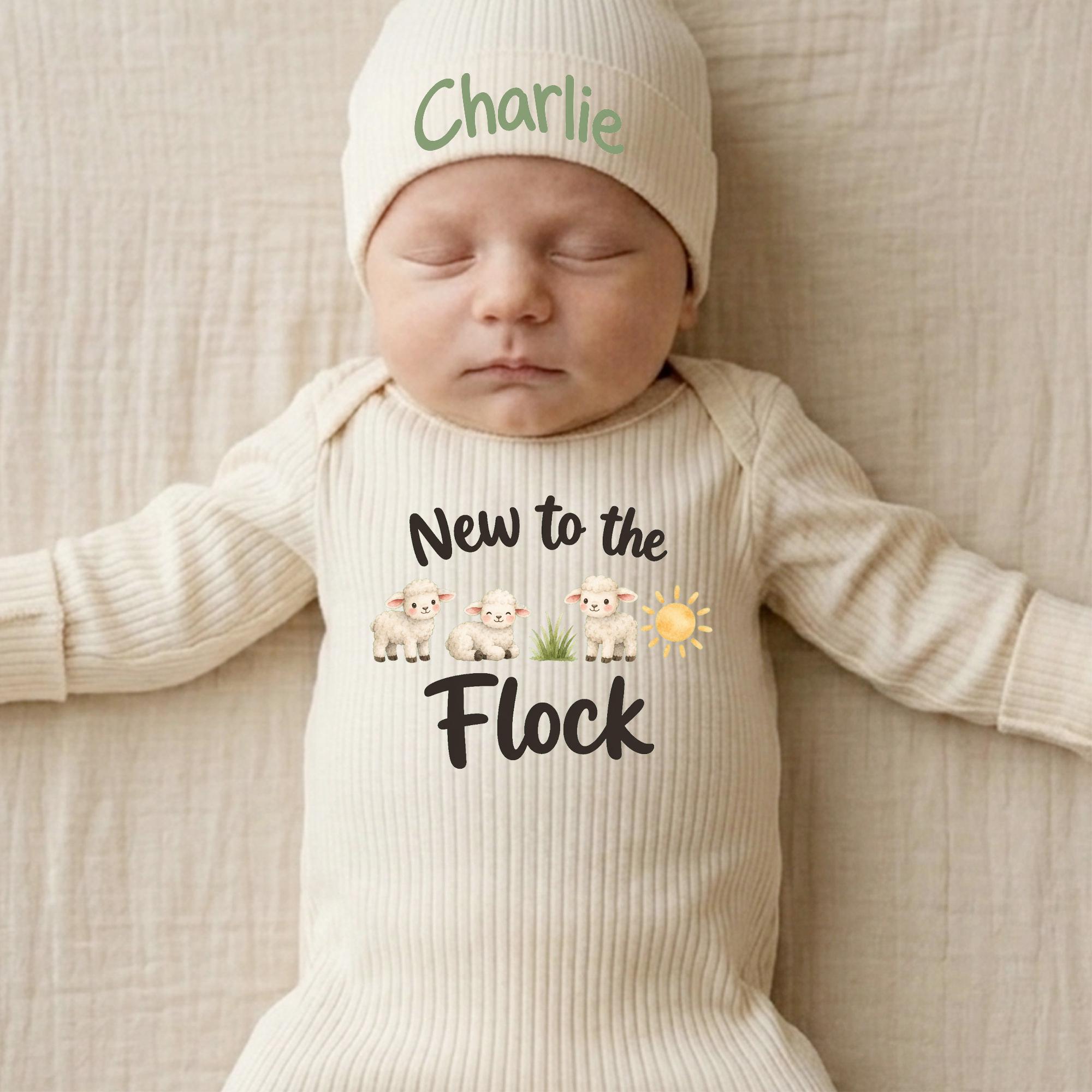 New to the Flock Baby Bodysuit with Lamb Design and Custom Name Hat, Farm-Themed Newborn Coming Home Outfit