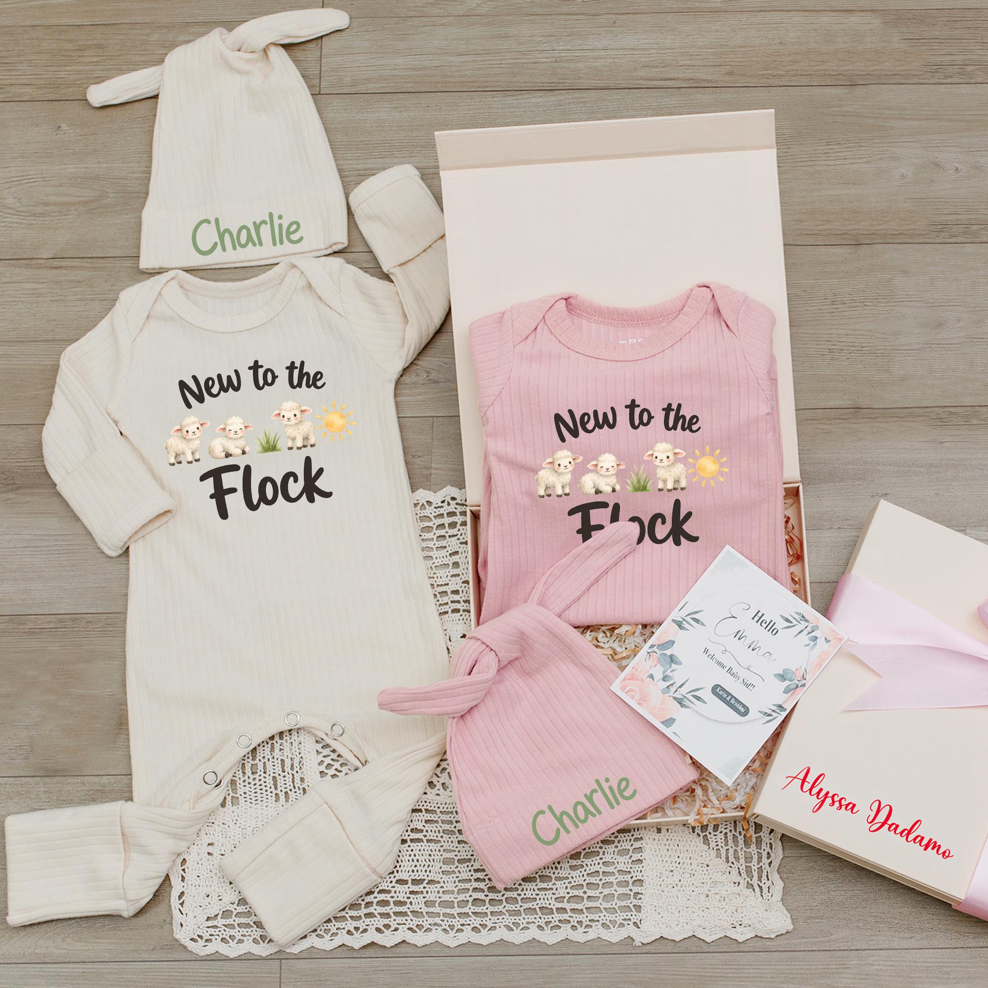 New to the Flock Baby Bodysuit with Lamb Design and Custom Name Hat, Farm-Themed Newborn Coming Home Outfit