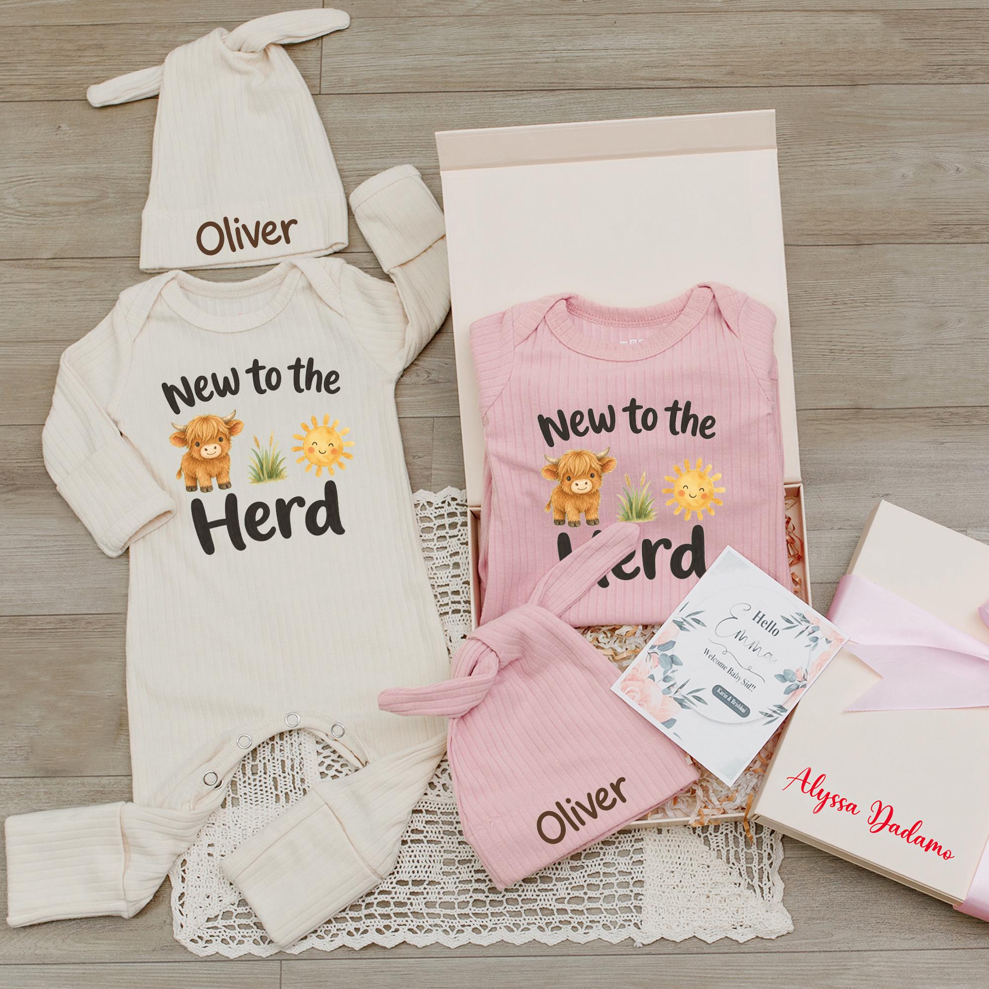 New to the Herd Baby Bodysuit with Highland Cow and Sun Design, Custom Name Hat, Newborn Coming Home Outfit and Baby Gift Set