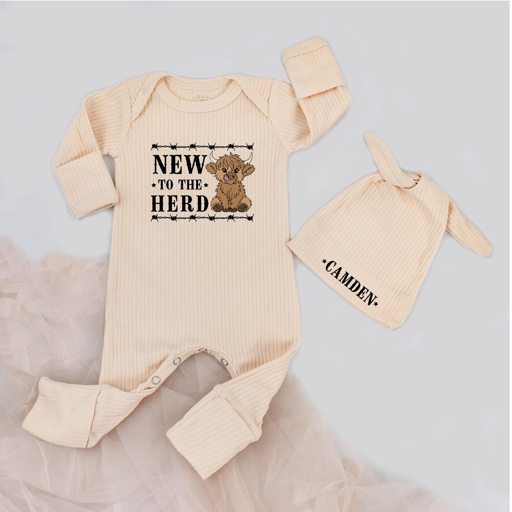 New to the Herd Baby Bodysuit with Name Hat Cute Highland Cow Outfit for Infant or Toddler Personalized Baby Shower or Announcement Gift