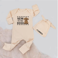 New to the Herd Baby Bodysuit with Name Hat Cute Highland Cow Outfit for Infant or Toddler Personalized Baby Shower or Announcement Gift