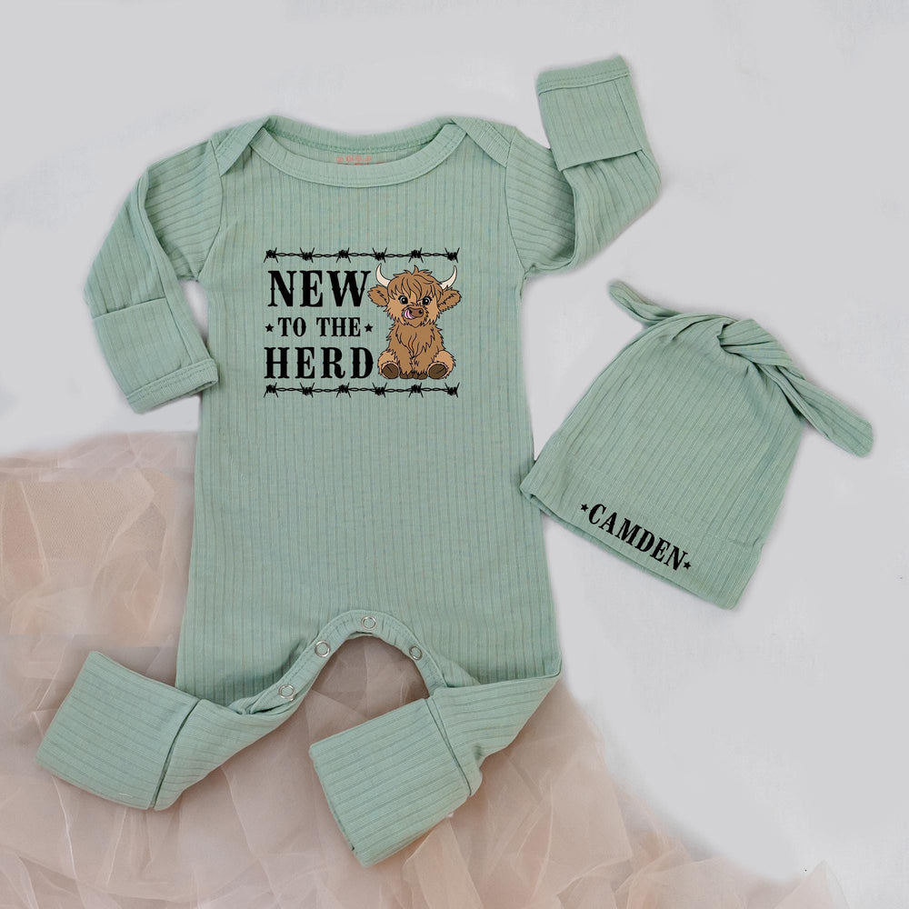 New to the Herd Baby Bodysuit with Name Hat Cute Highland Cow Outfit for Infant or Toddler Personalized Baby Shower or Announcement Gift