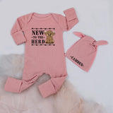New to the Herd Baby Bodysuit with Name Hat Cute Highland Cow Outfit for Infant or Toddler Personalized Baby Shower or Announcement Gift