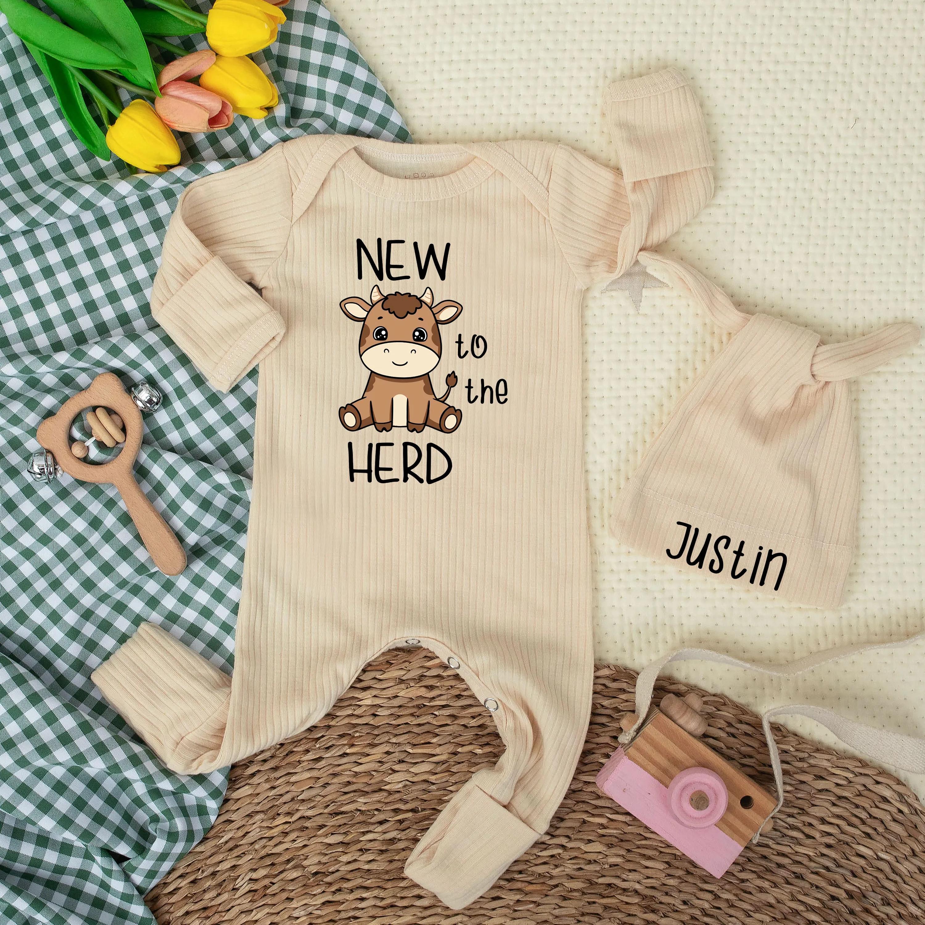 New to the Herd Baby Romper with Cute Cow Design Personalized Hat Newborn Outfit Farm Animal Baby Clothes Gift for Rodeo Baby Shower