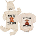 New to the Herd Baby Romper Personalized Highland Cow Outfit for Newborn or Sibling, Sister of the Herd Bodysuit Farm Baby Gift