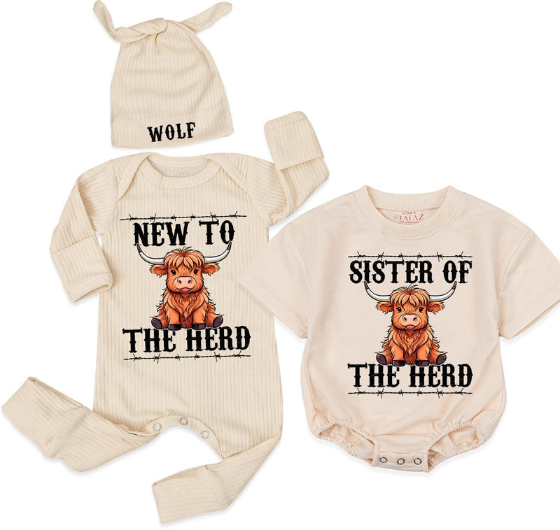 New to the Herd Baby Romper Personalized Highland Cow Outfit for Newborn or Sibling, Sister of the Herd Bodysuit Farm Baby Gift