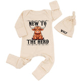New to the Herd Baby Romper Personalized Highland Cow Outfit for Newborn or Sibling, Sister of the Herd Bodysuit Farm Baby Gift