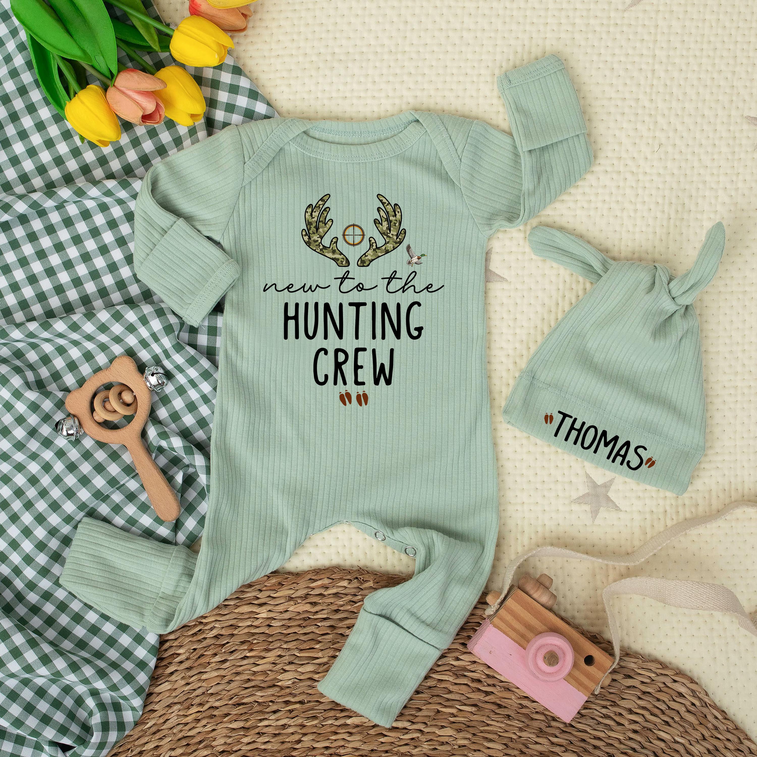 New to the Hunting Crew Baby Boy Bodysuit with Camo Antlers Newborn Outfit, Personalized Deer Season Baby Clothes, Unique Baby Shower Gift