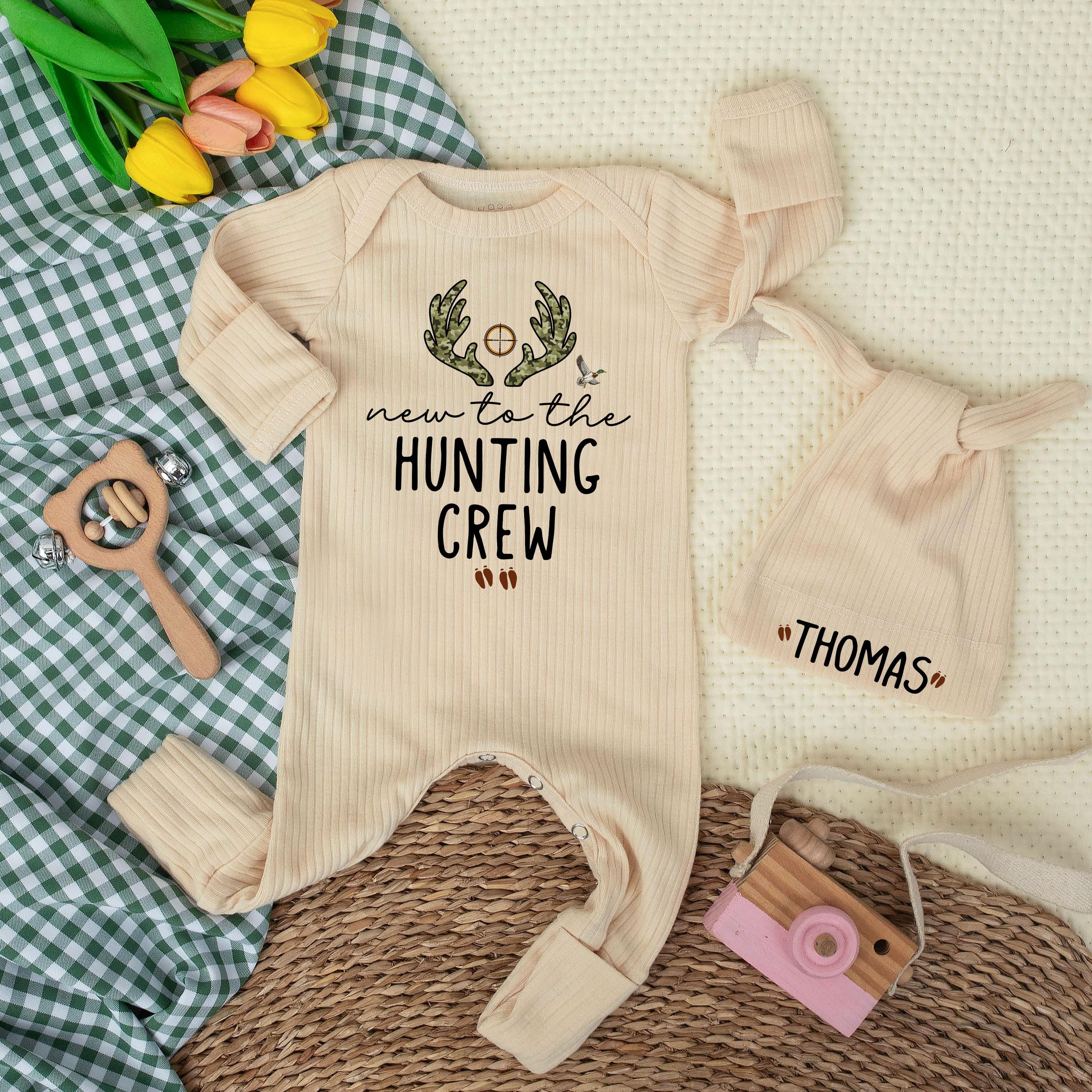 New to the Hunting Crew Baby Boy Bodysuit with Camo Antlers Newborn Outfit, Personalized Deer Season Baby Clothes, Unique Baby Shower Gift