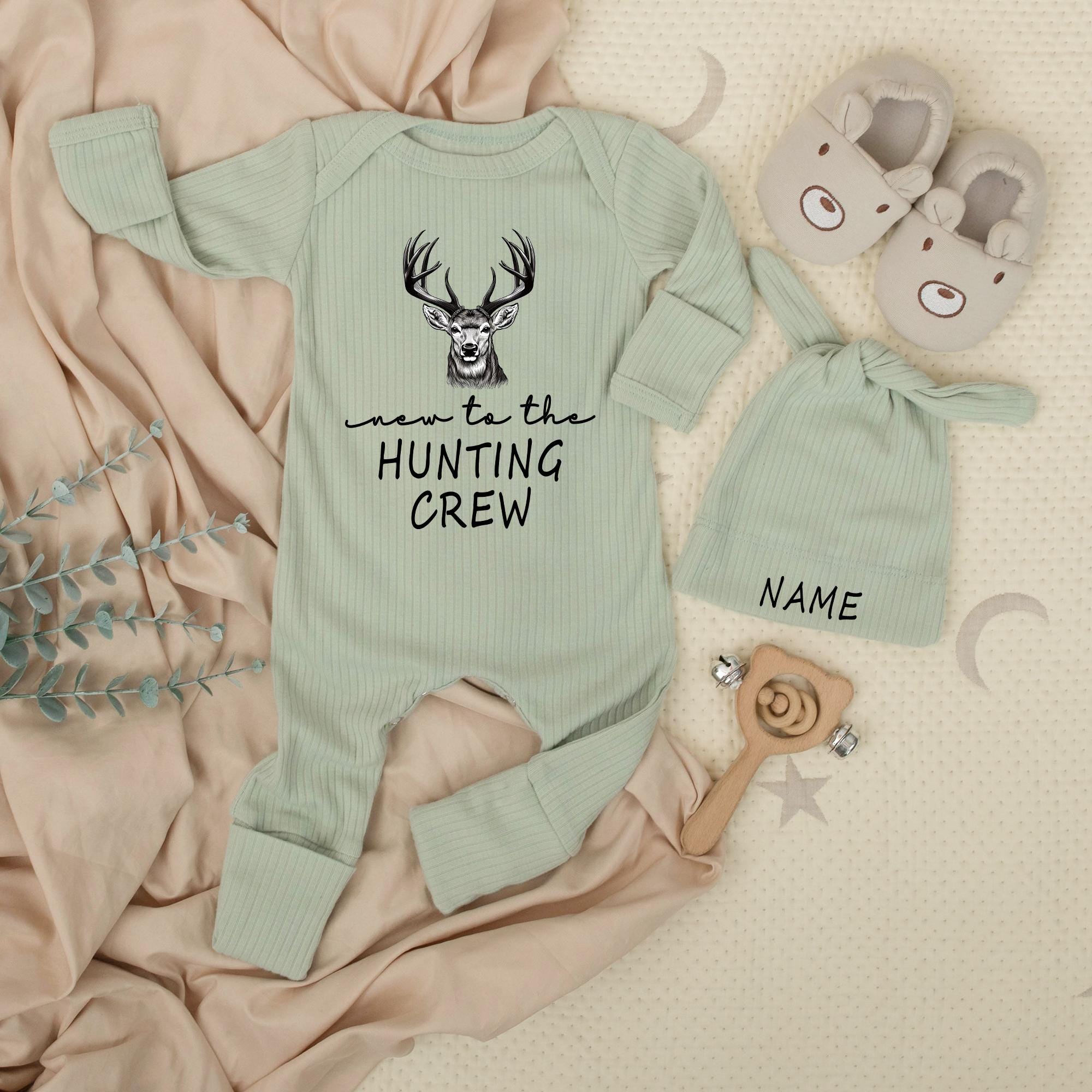 New to the Hunting Crew Newborn Bodysuit and Hat Set Personalized Gift Baby Shower Outfit Cotton Little Hunter Rustic Design