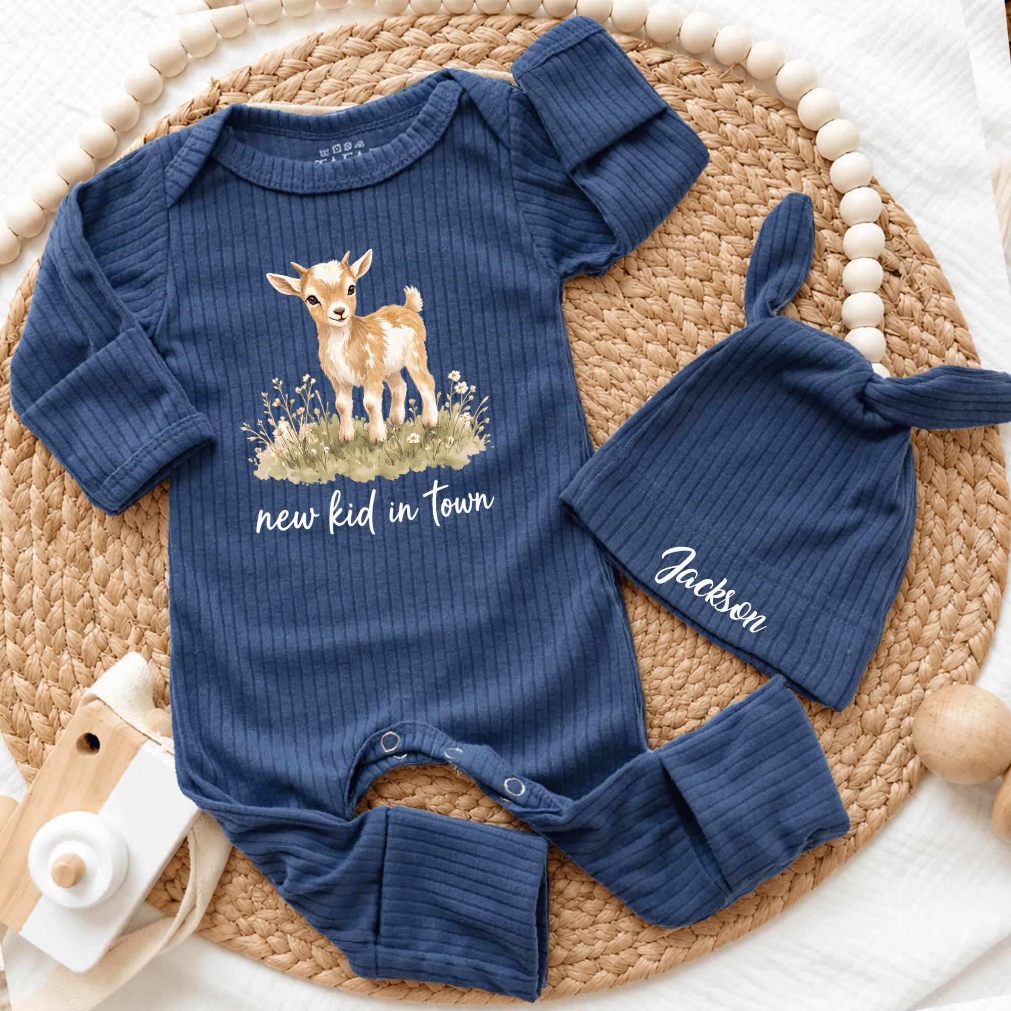 New Kid in Town Baby Bodysuit with Cute Goat Artwork and Custom Name Hat, Farm Animal Newborn Outfit, Baby Shower Gift Set