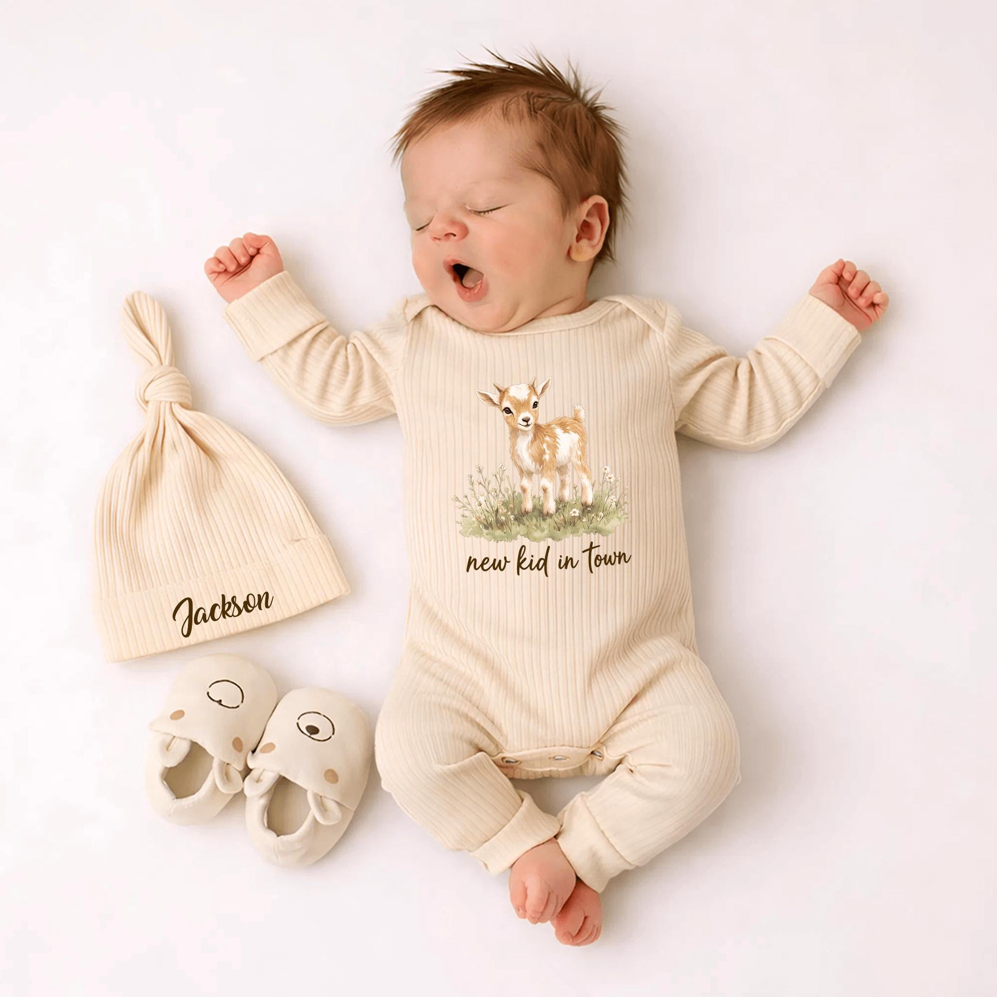 New Kid in Town Baby Bodysuit with Cute Goat Artwork and Custom Name Hat, Farm Animal Newborn Outfit, Baby Shower Gift Set