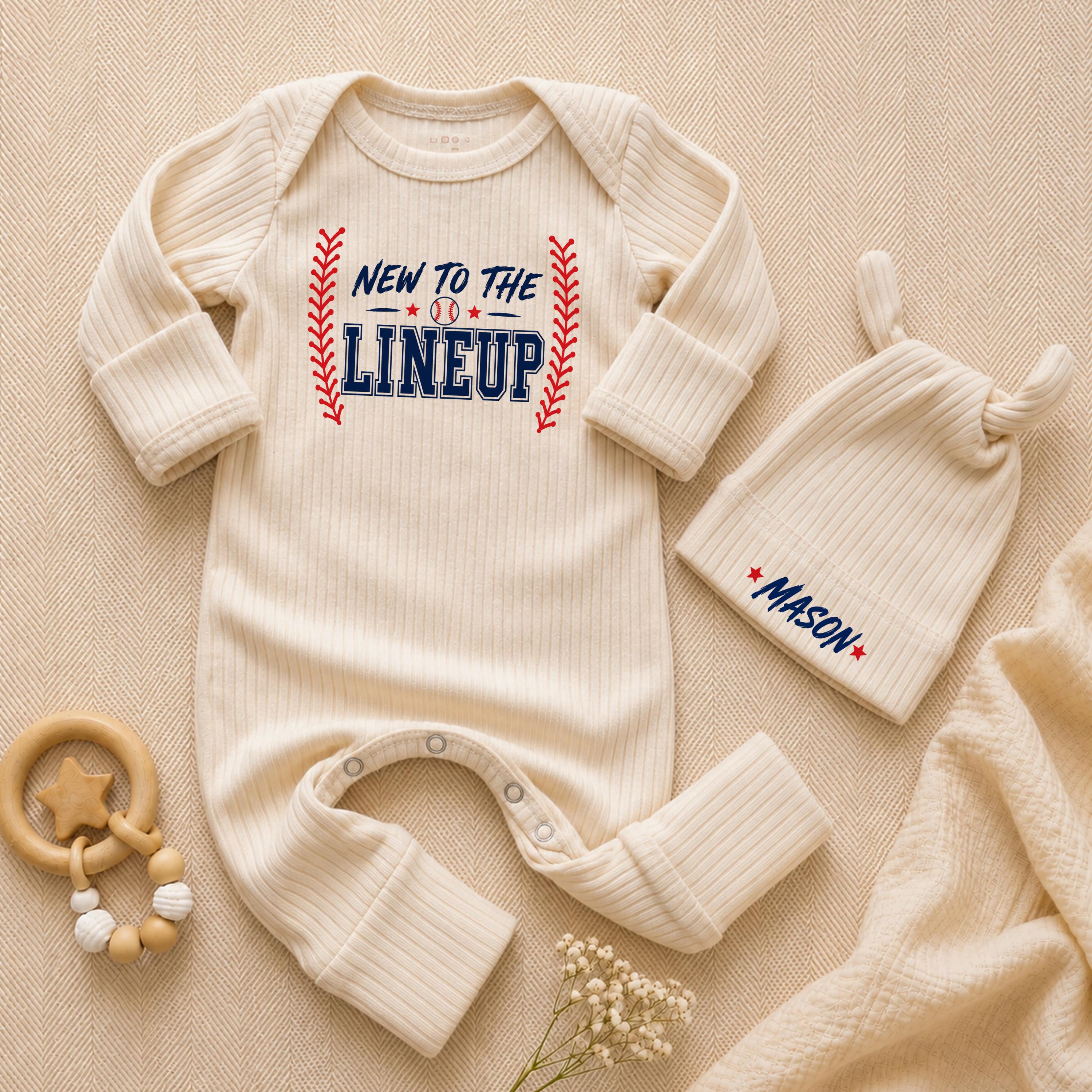 New to the Lineup Baby Bodysuit and Hat Set, Baseball-Themed Newborn Outfit with Custom Name, Coming Home or Baby Shower Gift