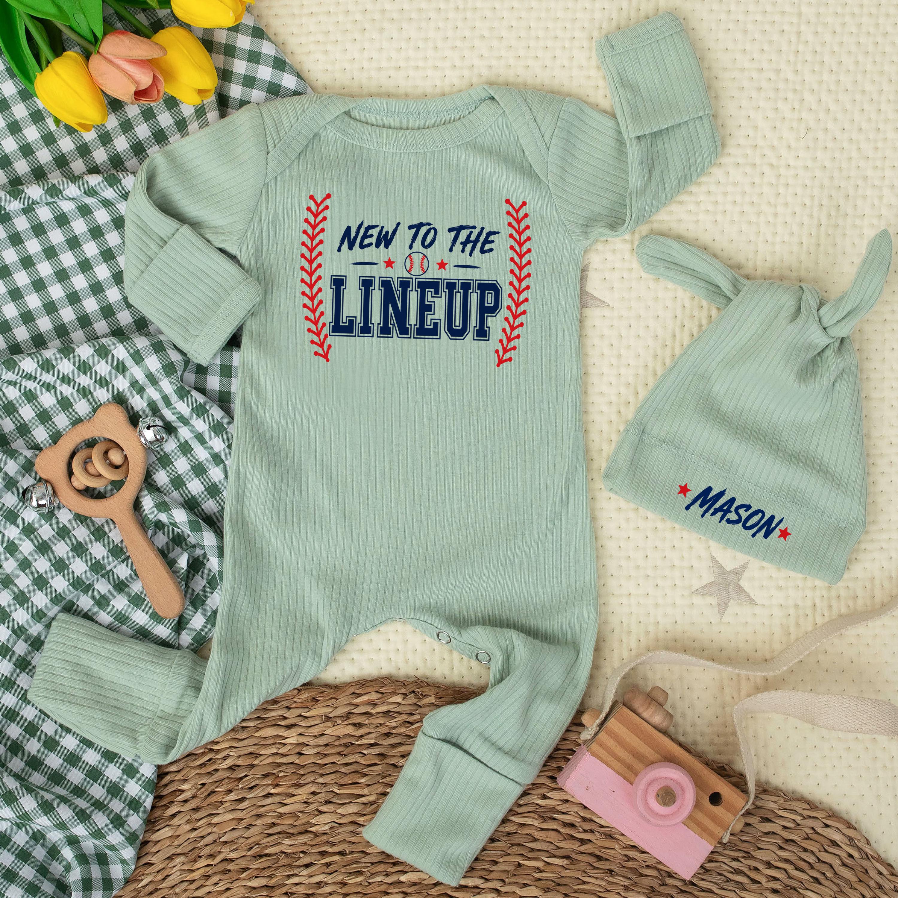 New to the Lineup Baby Bodysuit and Hat Set, Baseball-Themed Newborn Outfit with Custom Name, Coming Home or Baby Shower Gift