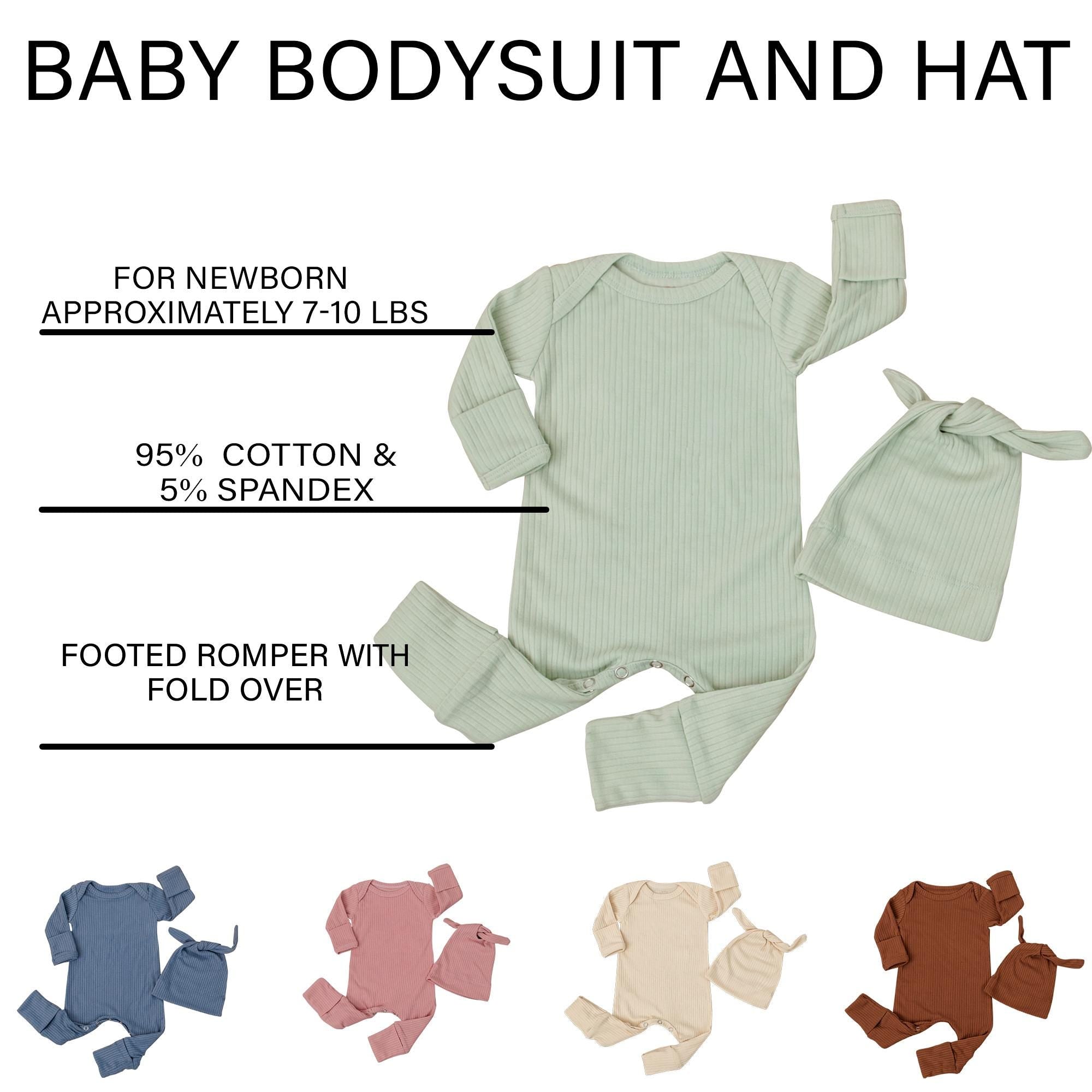 Newborn Baby Bodysuit and Hat Set, Soft Cotton Ribbed Long Sleeve Footed Romper, Fold-Over Mittens, Coming Home Outfit, Baby Shower Gift