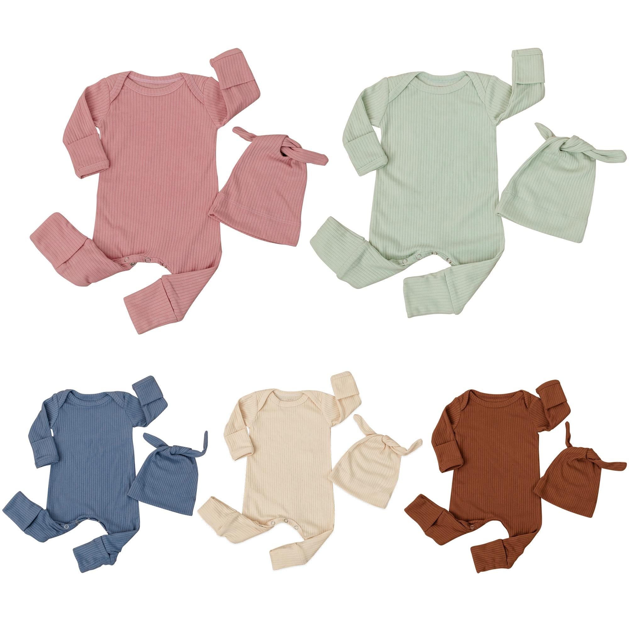 Newborn Baby Bodysuit and Hat Set, Soft Cotton Ribbed Long Sleeve Footed Romper, Fold-Over Mittens, Coming Home Outfit, Baby Shower Gift