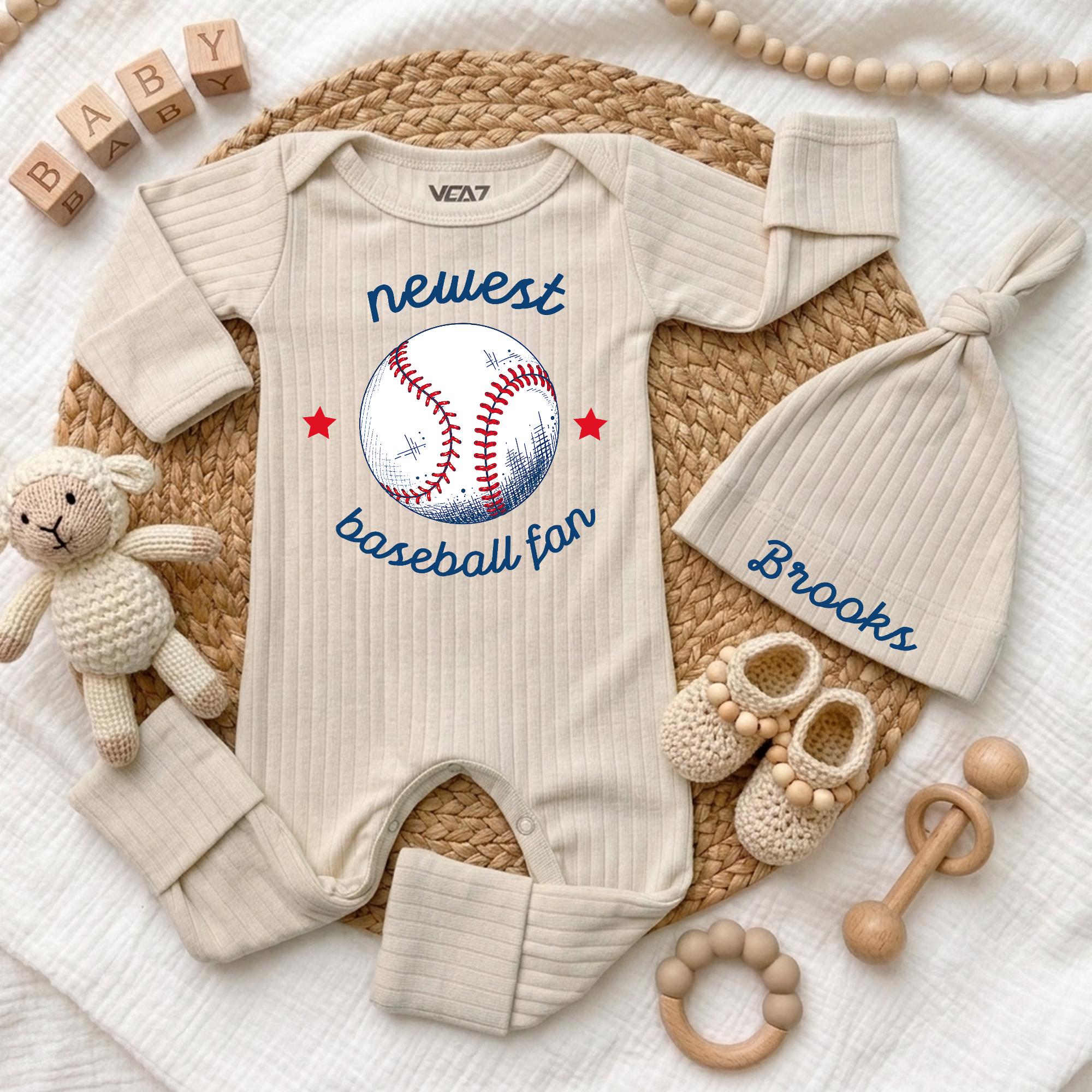 Newest Baseball Fan Baby Bodysuit with Custom Name Hat, Infant Coming Home Outfit, Newborn Gift for Sports-Loving Families