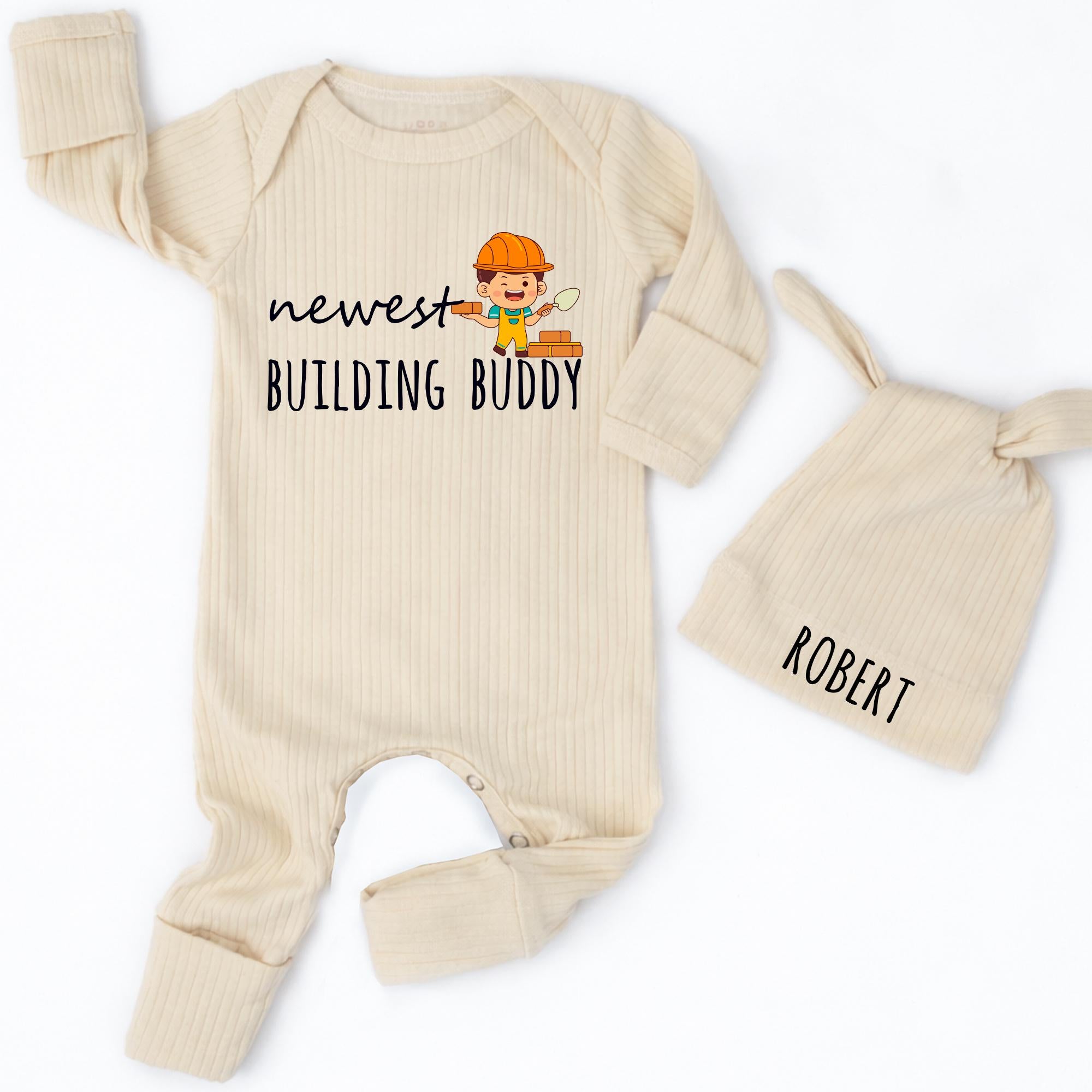 Newest Building Buddy Baby Romper with Construction Graphic and Custom Name Hat, Newborn Coming Home Outfit or Baby Shower Gift