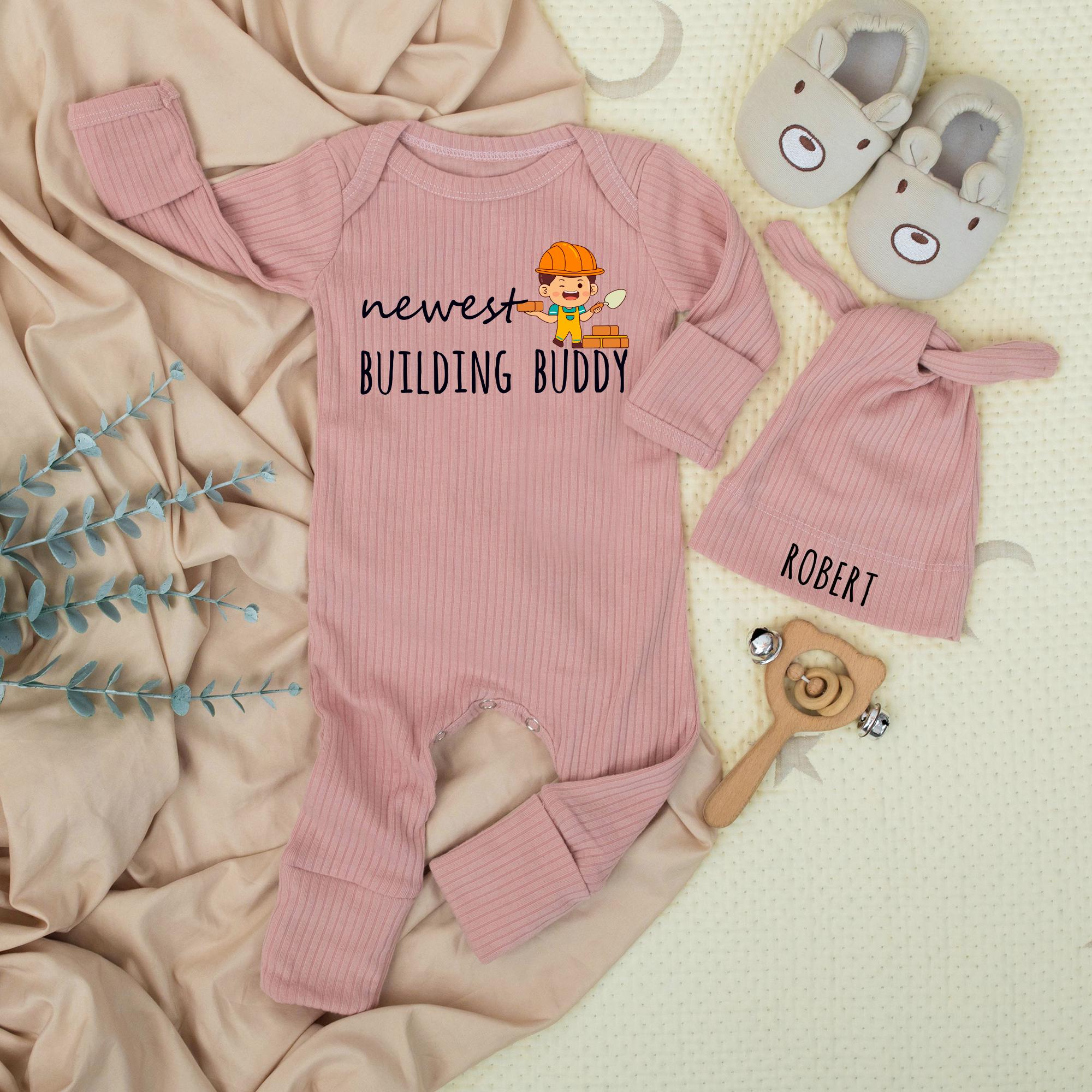 Newest Building Buddy Baby Romper with Construction Graphic and Custom Name Hat, Newborn Coming Home Outfit or Baby Shower Gift