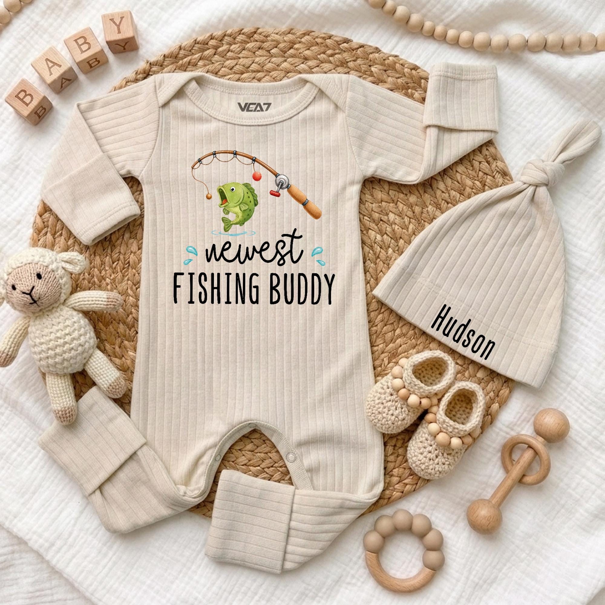 Newest Fishing Buddy Baby Bodysuit with Fishing Pole Graphic and Custom Name Hat, Cute Outdoor Newborn Outfit, Baby Shower Gift Set