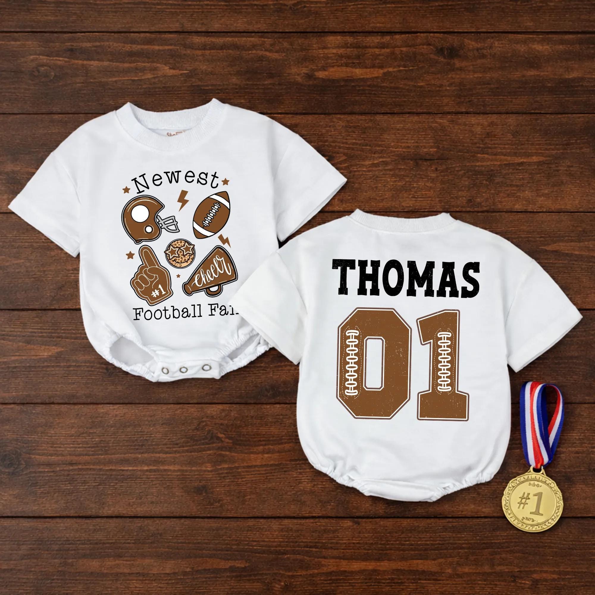 Newest Football Fan Baby Romper with Sports Graphics and Custom Name & Number, Game Day Outfit for Babies and Toddlers
