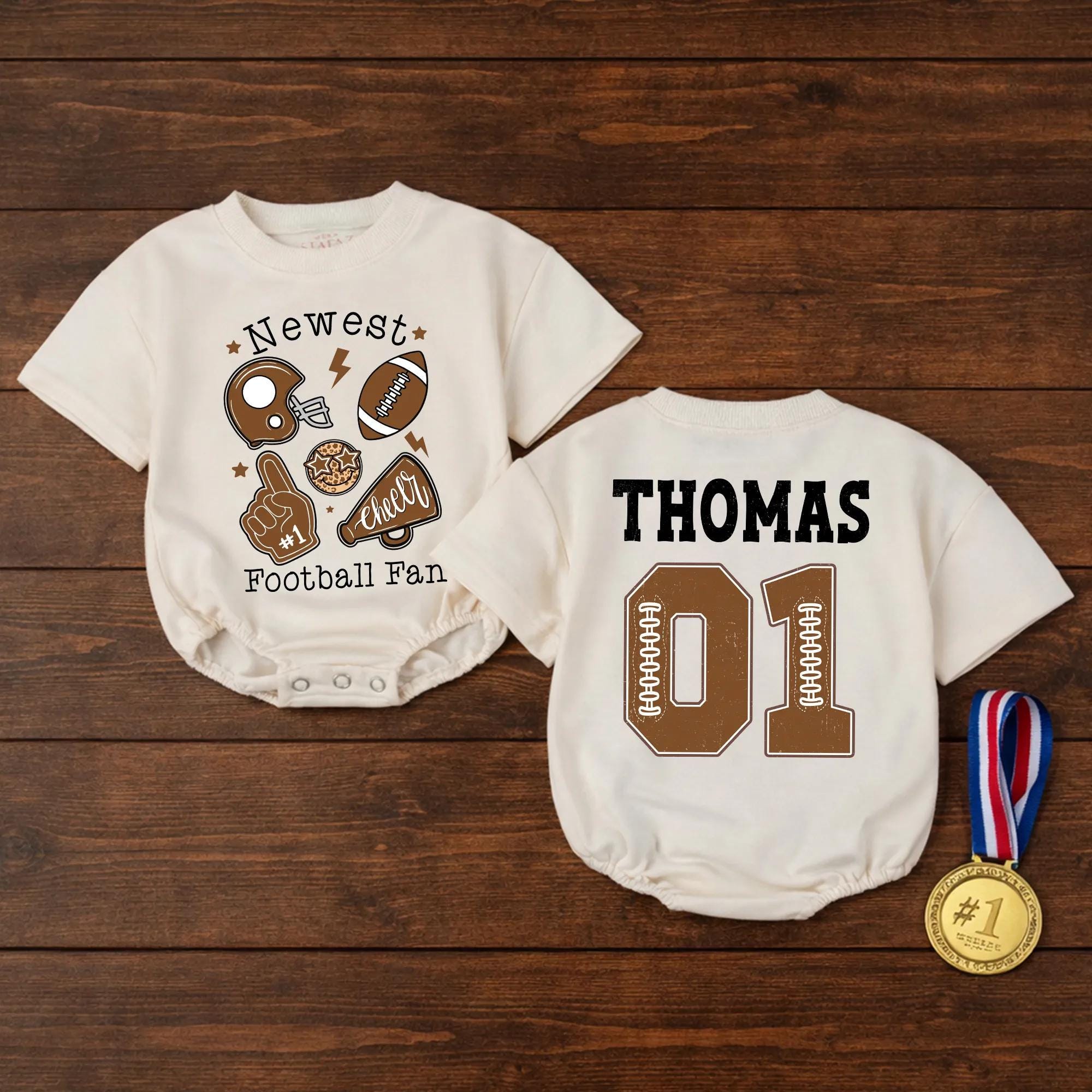 Newest Football Fan Baby Romper with Sports Graphics and Custom Name & Number, Game Day Outfit for Babies and Toddlers