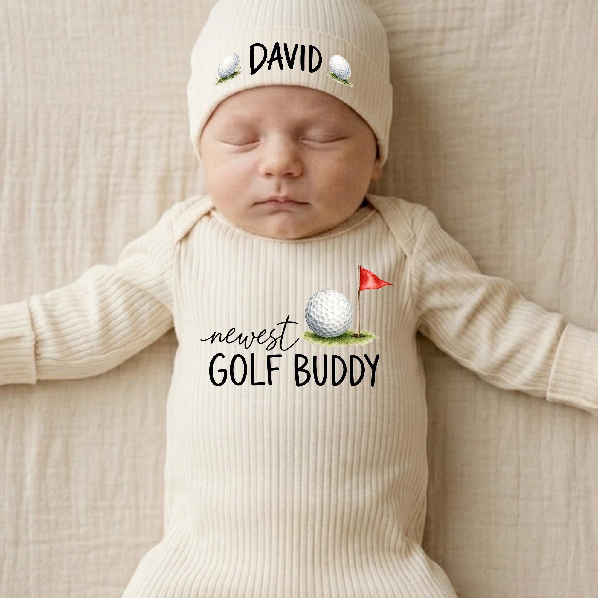 Newest Golf Buddy Baby Outfit with Golf Ball and Flag Design, Ribbed Bodysuit and Custom Name Hat, Newborn Coming Home Gift