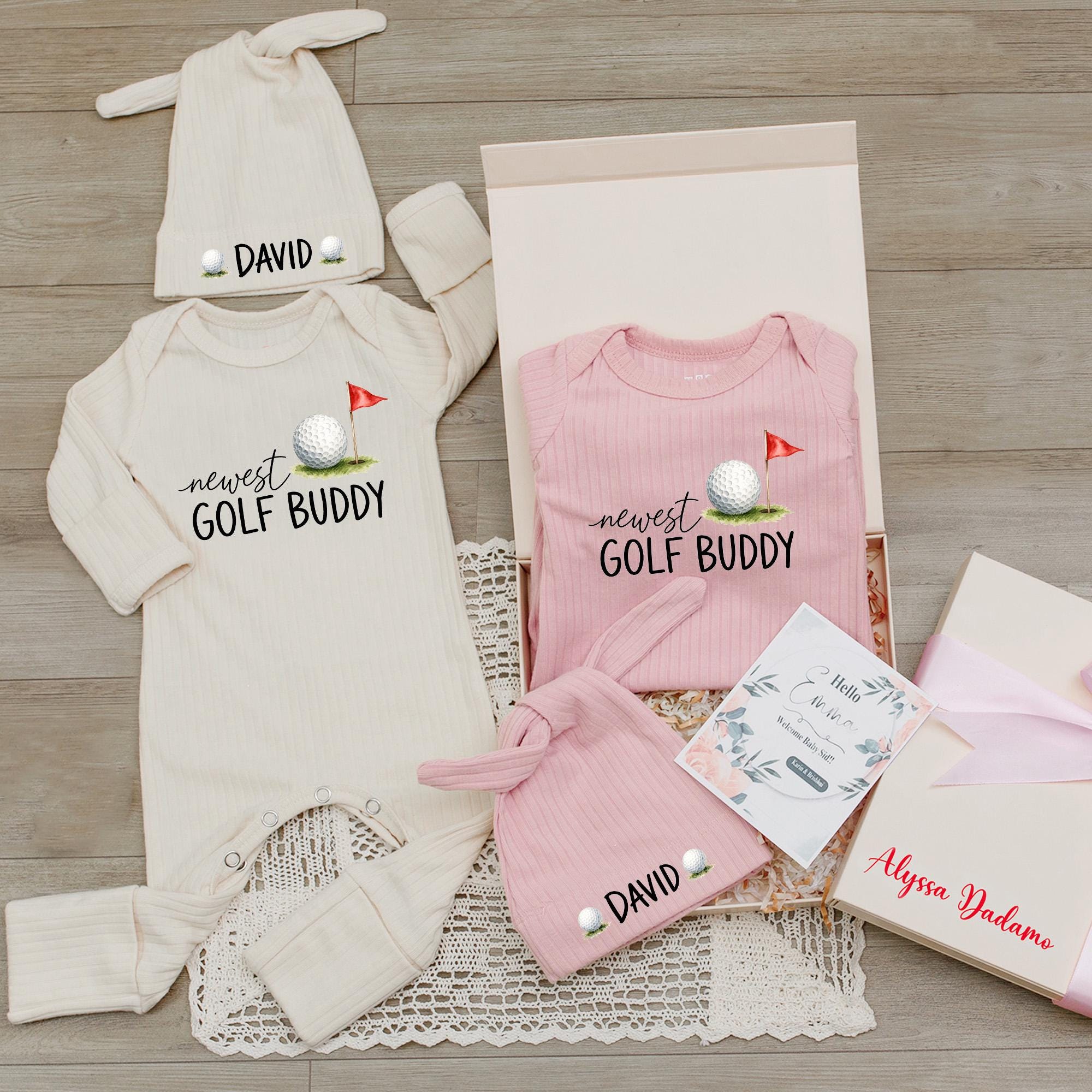 Newest Golf Buddy Baby Outfit with Golf Ball and Flag Design, Ribbed Bodysuit and Custom Name Hat, Newborn Coming Home Gift
