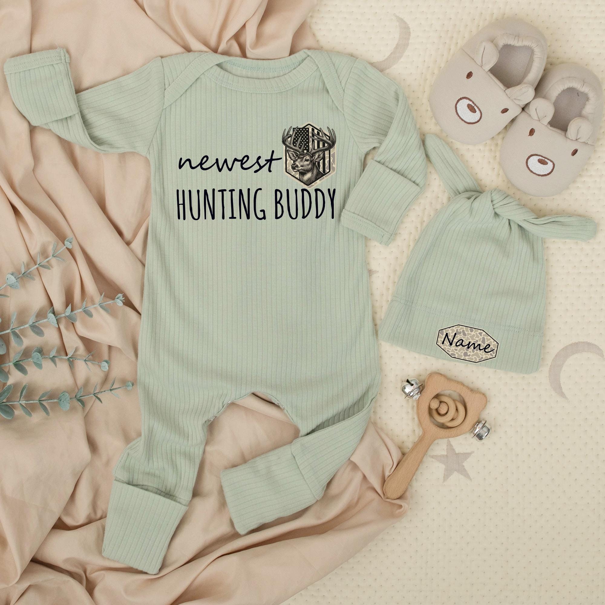 Newest Hunting Buddy Baby Bodysuit and Camo Hat Set Custom Name Deer Design Rustic Gift for Newborn Boy or Girl Baby Shower Outfit