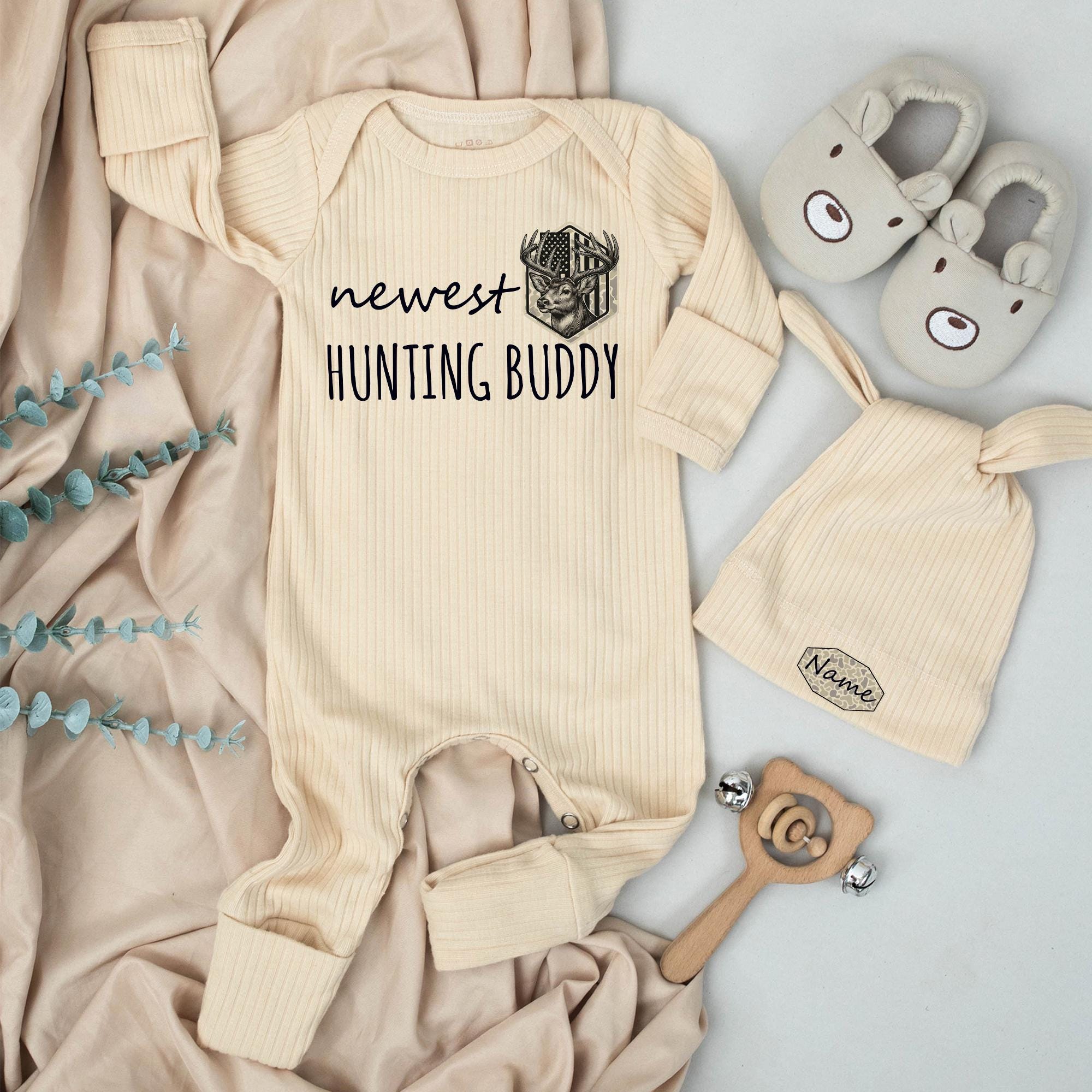 Newest Hunting Buddy Baby Bodysuit and Camo Hat Set Custom Name Deer Design Rustic Gift for Newborn Boy or Girl Baby Shower Outfit