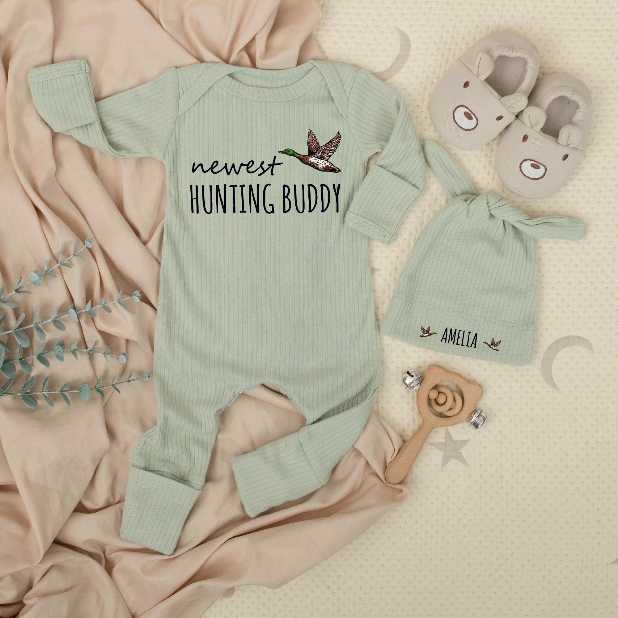 Newest Hunting Buddy Newborn Bodysuit and Hat Set Personalized Mallard Duck Baby Clothes Rustic Duck Hunting Gift Baby Shower Outfit