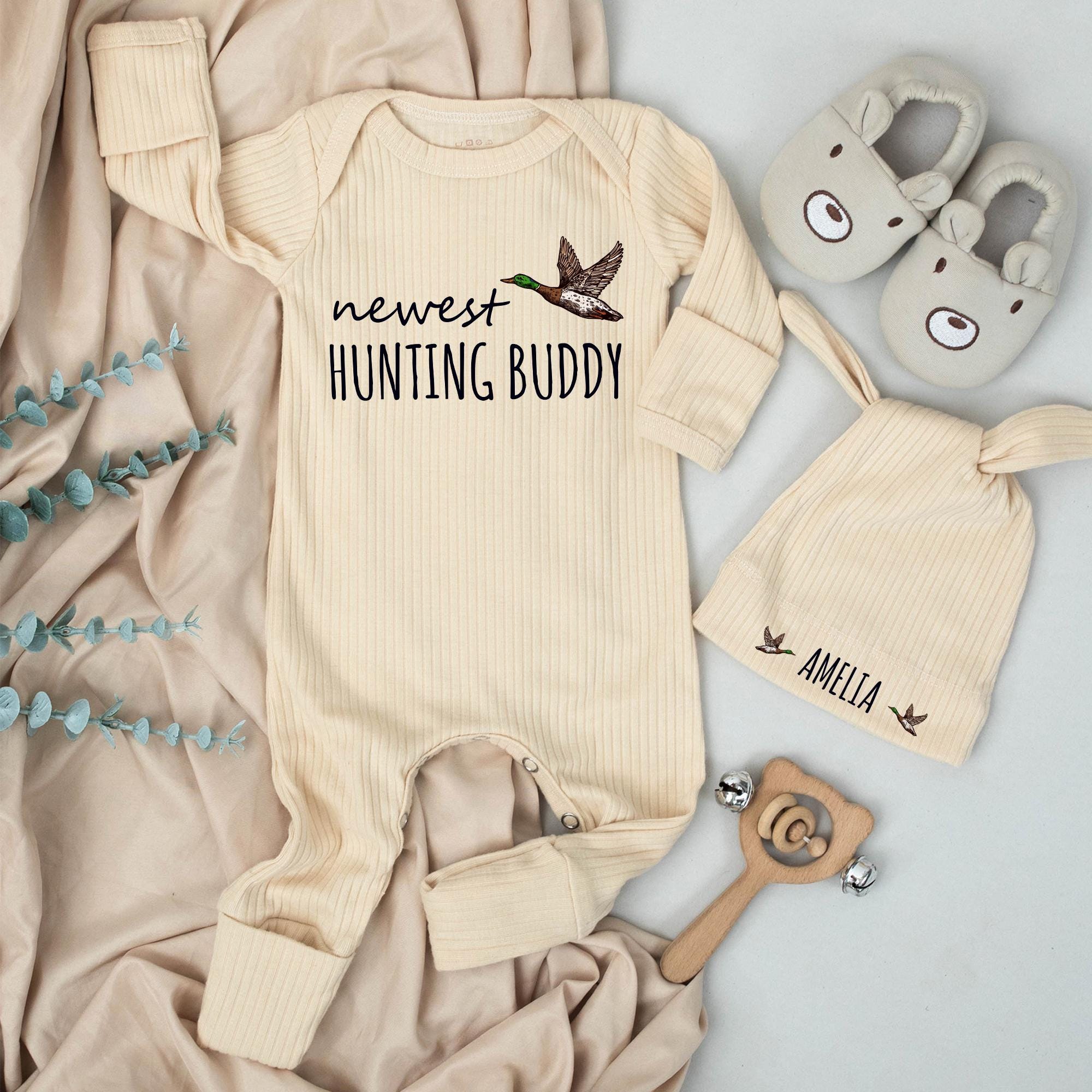 Newest Hunting Buddy Newborn Bodysuit and Hat Set Personalized Mallard Duck Baby Clothes Rustic Duck Hunting Gift Baby Shower Outfit