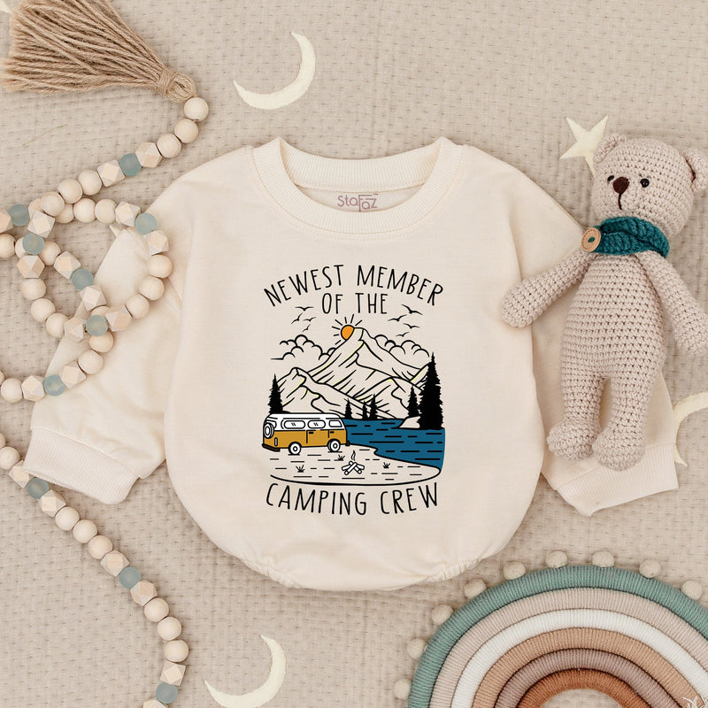 Newest Member Camping Crew Baby Romper Retro Camper Lake Scene Soft Cotton Infant Outfit Adventure Gift Boy Girl Casual Wear