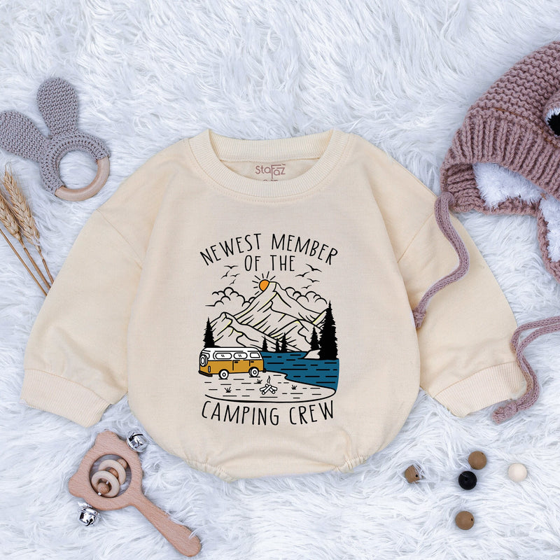 Newest Member Camping Crew Baby Romper Retro Camper Lake Scene Soft Cotton Infant Outfit Adventure Gift Boy Girl Casual Wear