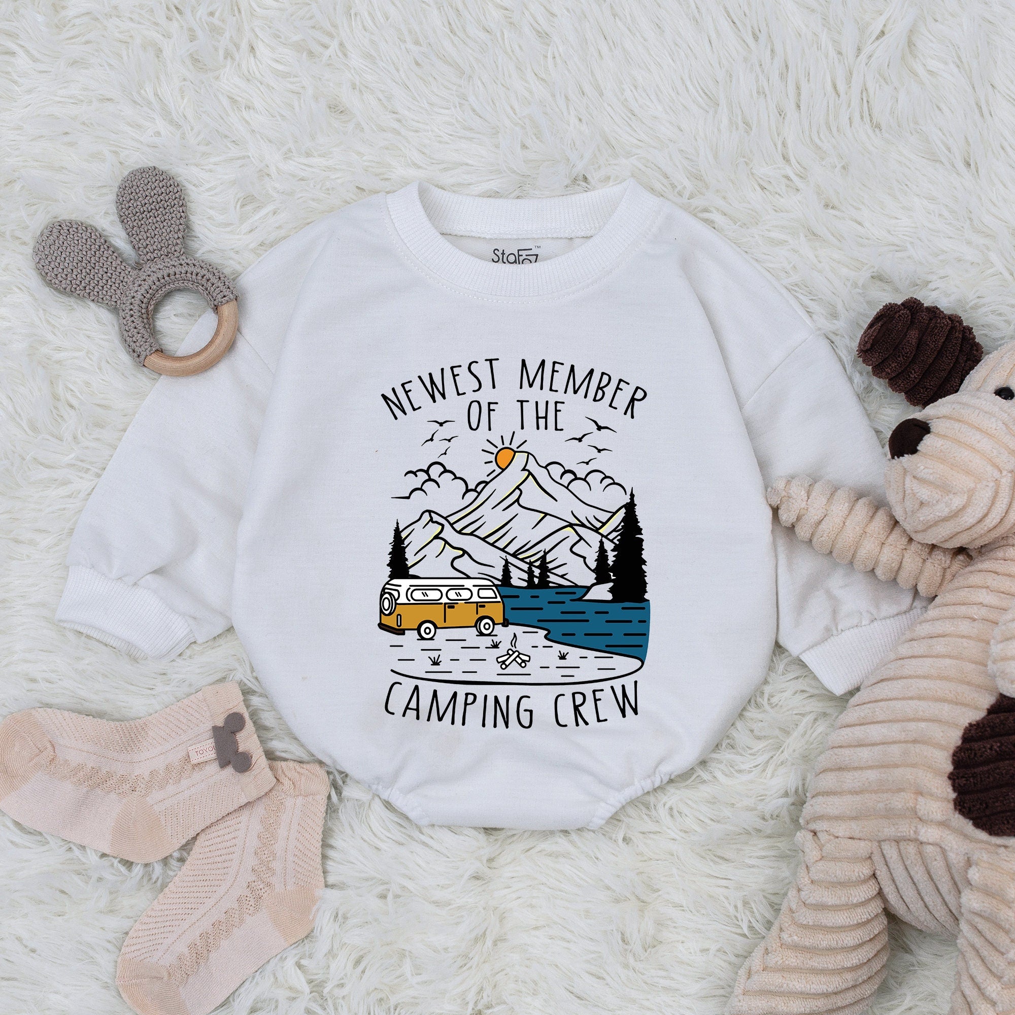 Newest Member Camping Crew Baby Romper Retro Camper Lake Scene Soft Cotton Infant Outfit Adventure Gift Boy Girl Casual Wear